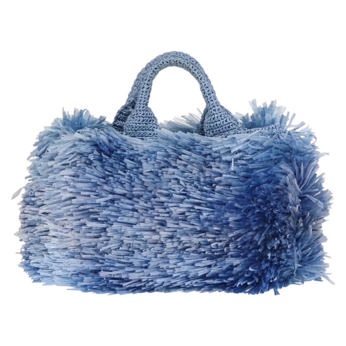 PRADA Hand Bag Raffia Blue Gold Auth 158947V