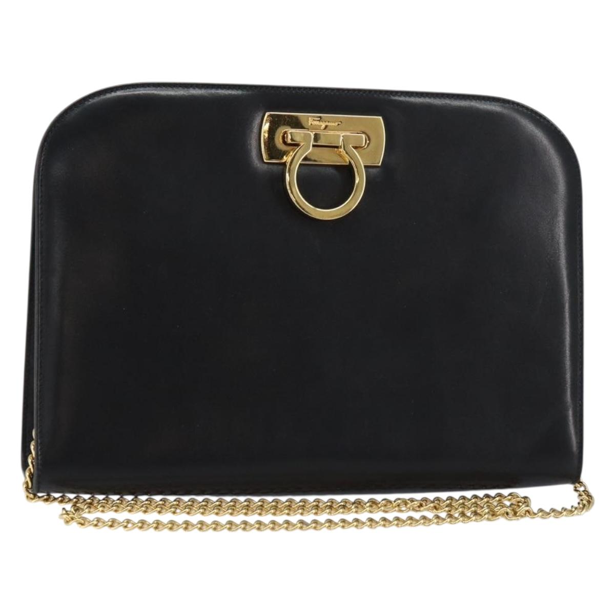 Salvatore Ferragamo Gancini Chain Shoulder Bag Leather Black Gold Auth 158988