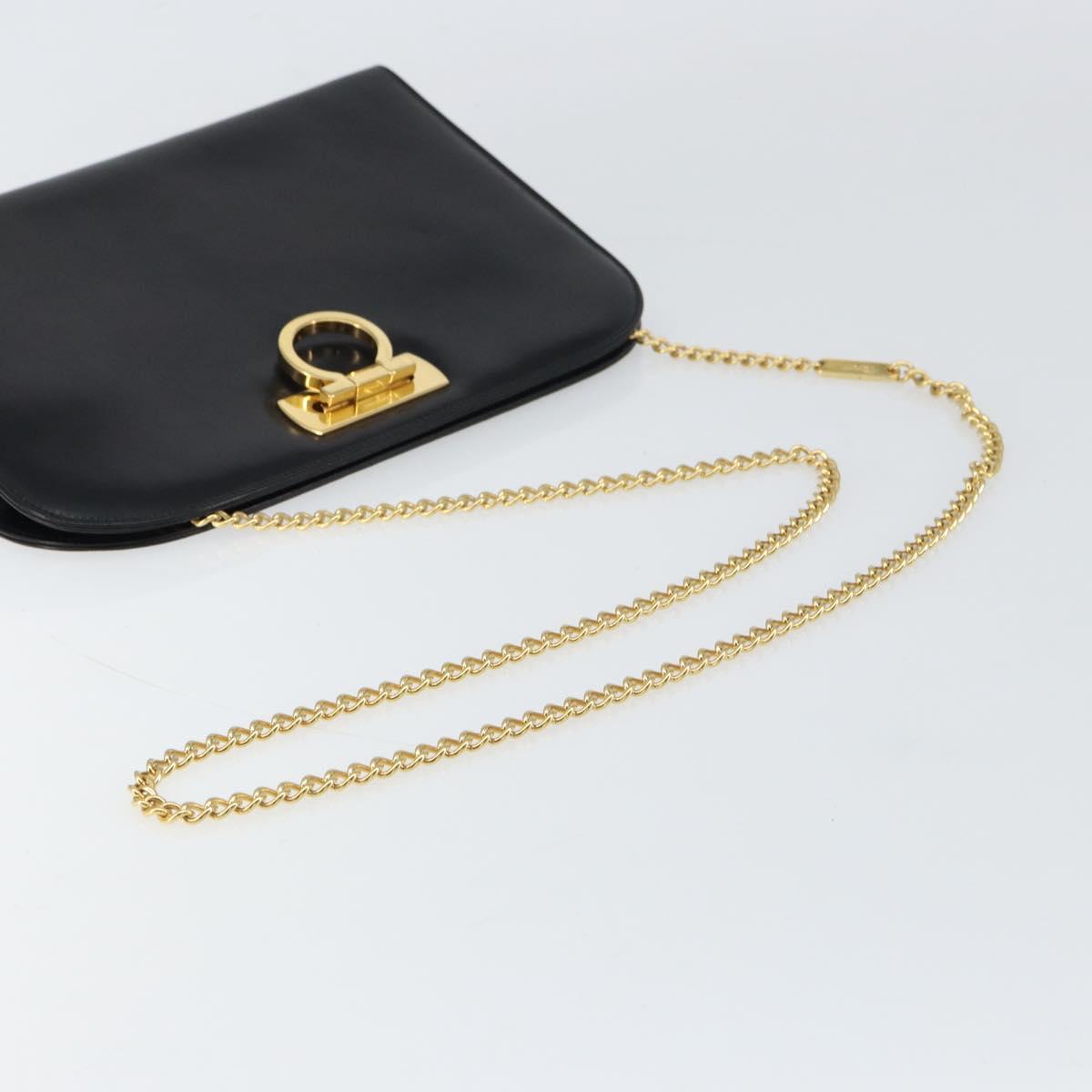 Salvatore Ferragamo Gancini Chain Shoulder Bag Leather Black Gold Auth 158988