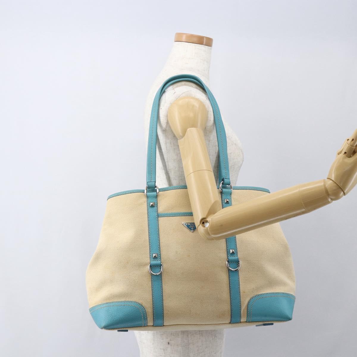 PRADA Tote Bag Canvas Beige Silver Auth 158995