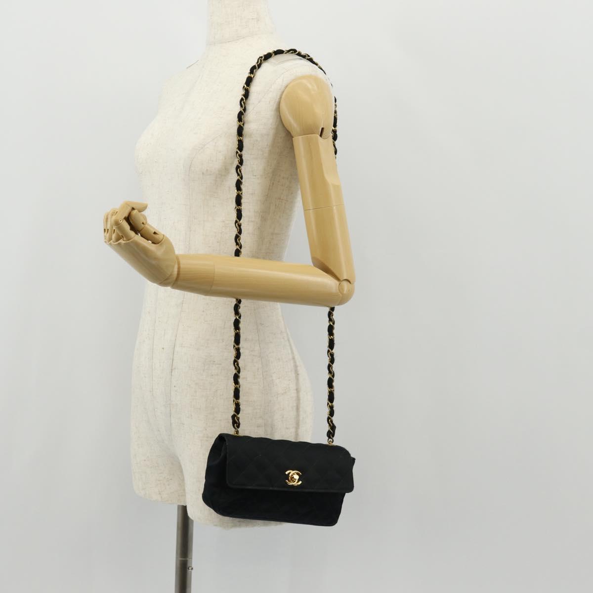 CHANEL Mini Matelasse 18 Chain Shoulder Bag Satin Black Gold CC Auth 159010V