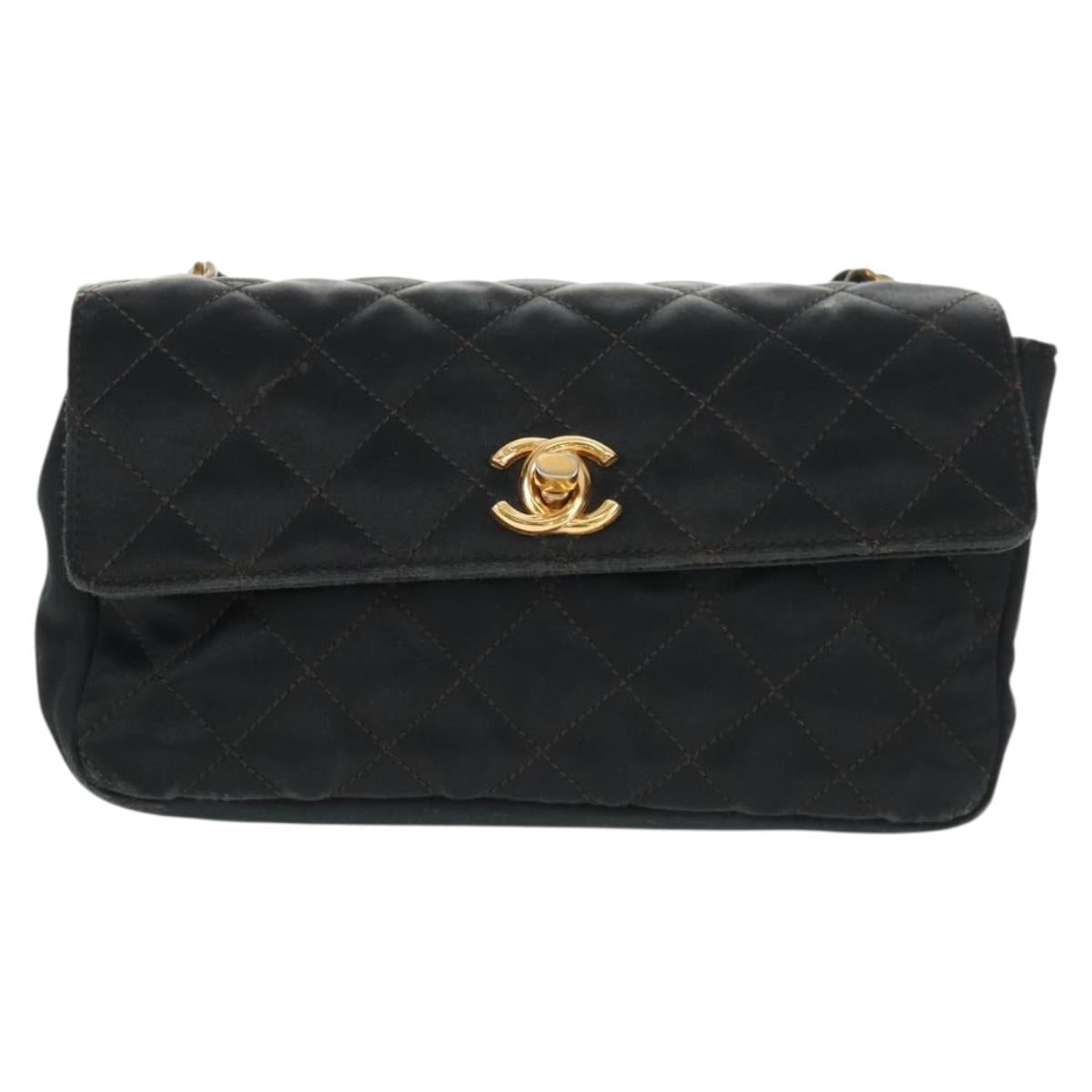 CHANEL Mini Matelasse 18 Chain Shoulder Bag Satin Black Gold CC Auth 159010V