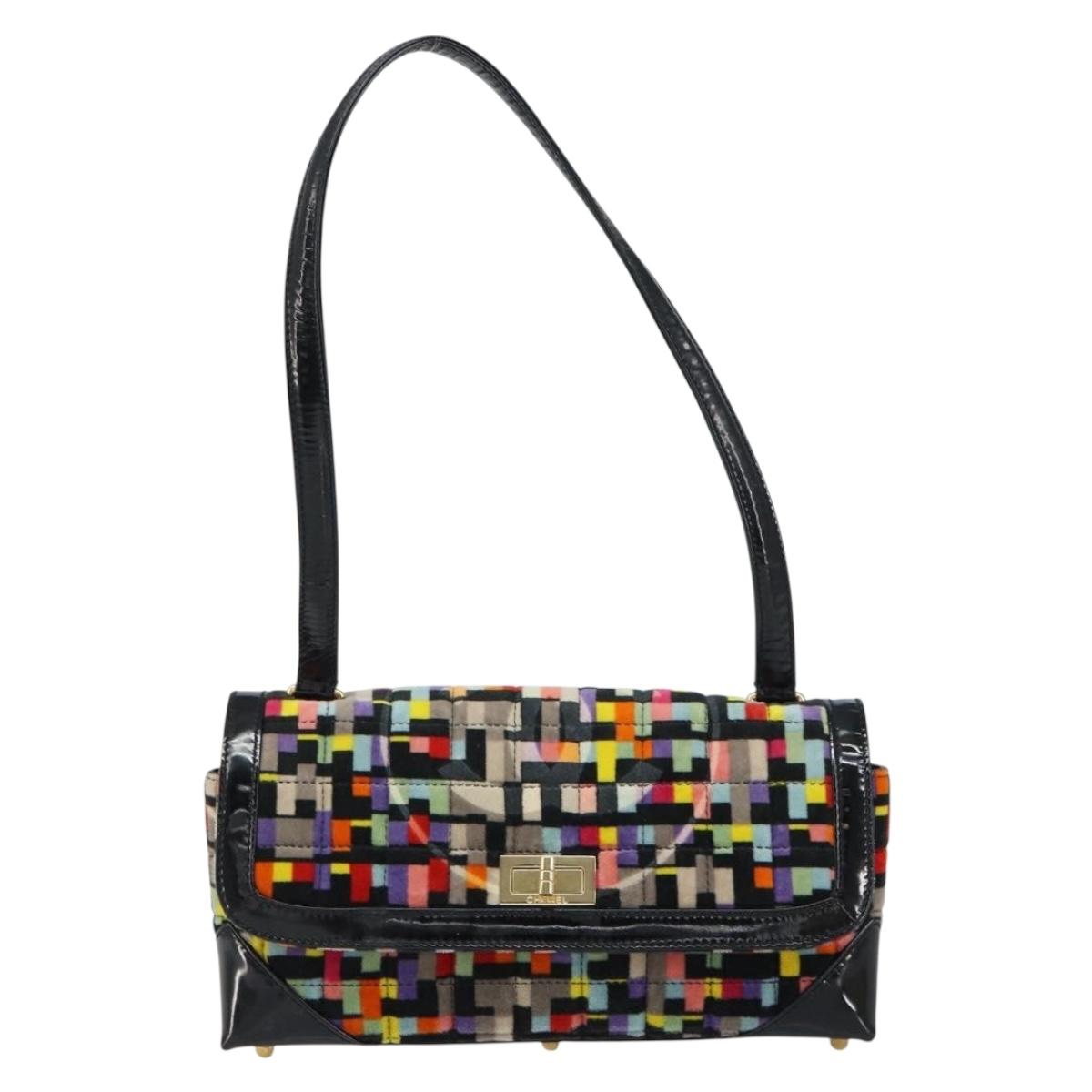 CHANEL 2.55 Shoulder Bag Velor Multicolor Gold CC Auth 159014SAV