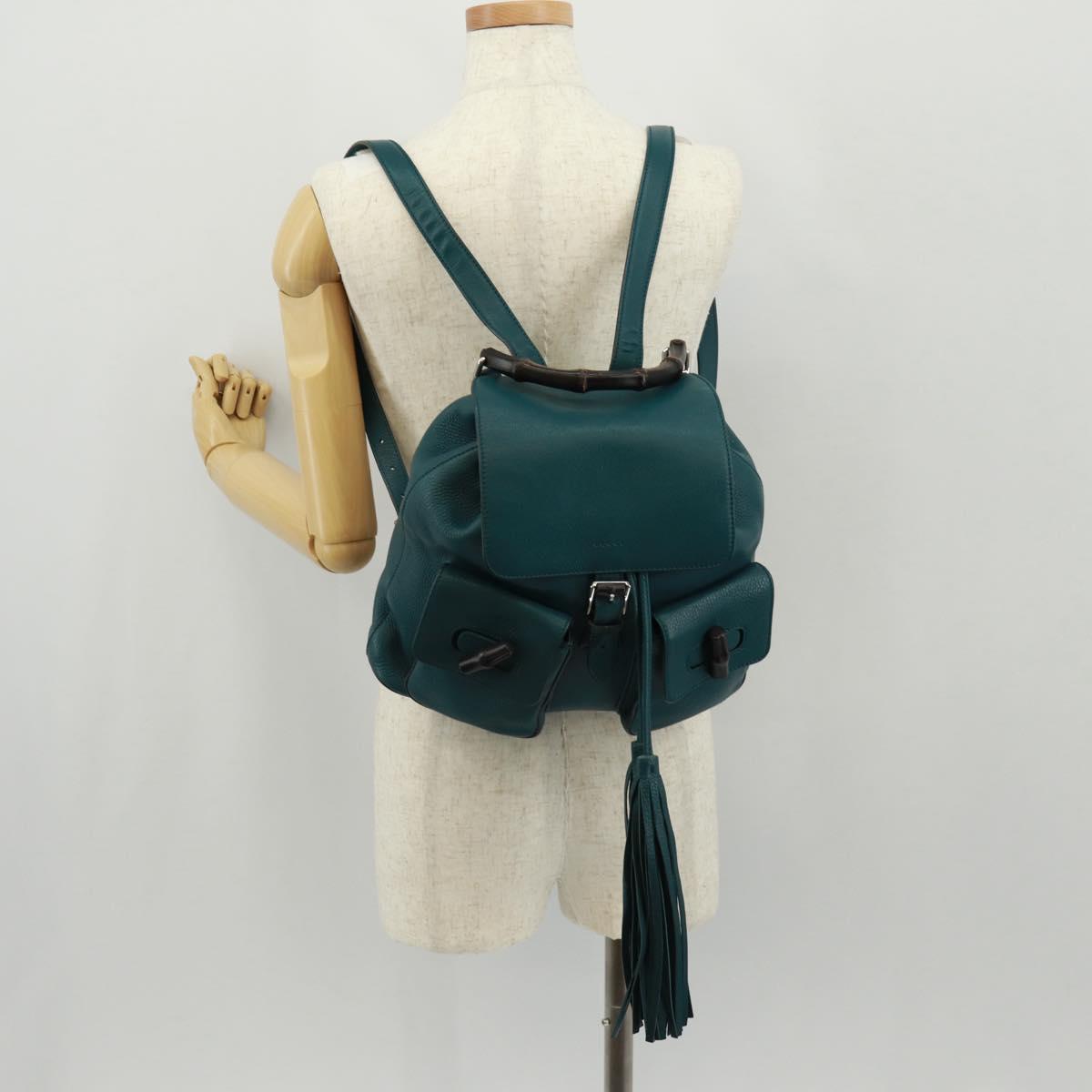 GUCCI Bamboo Backpack Leather Green Silver 370833 Auth 159026V