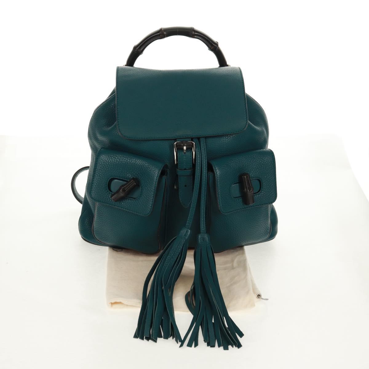 GUCCI Bamboo Backpack Leather Green Silver 370833 Auth 159026V