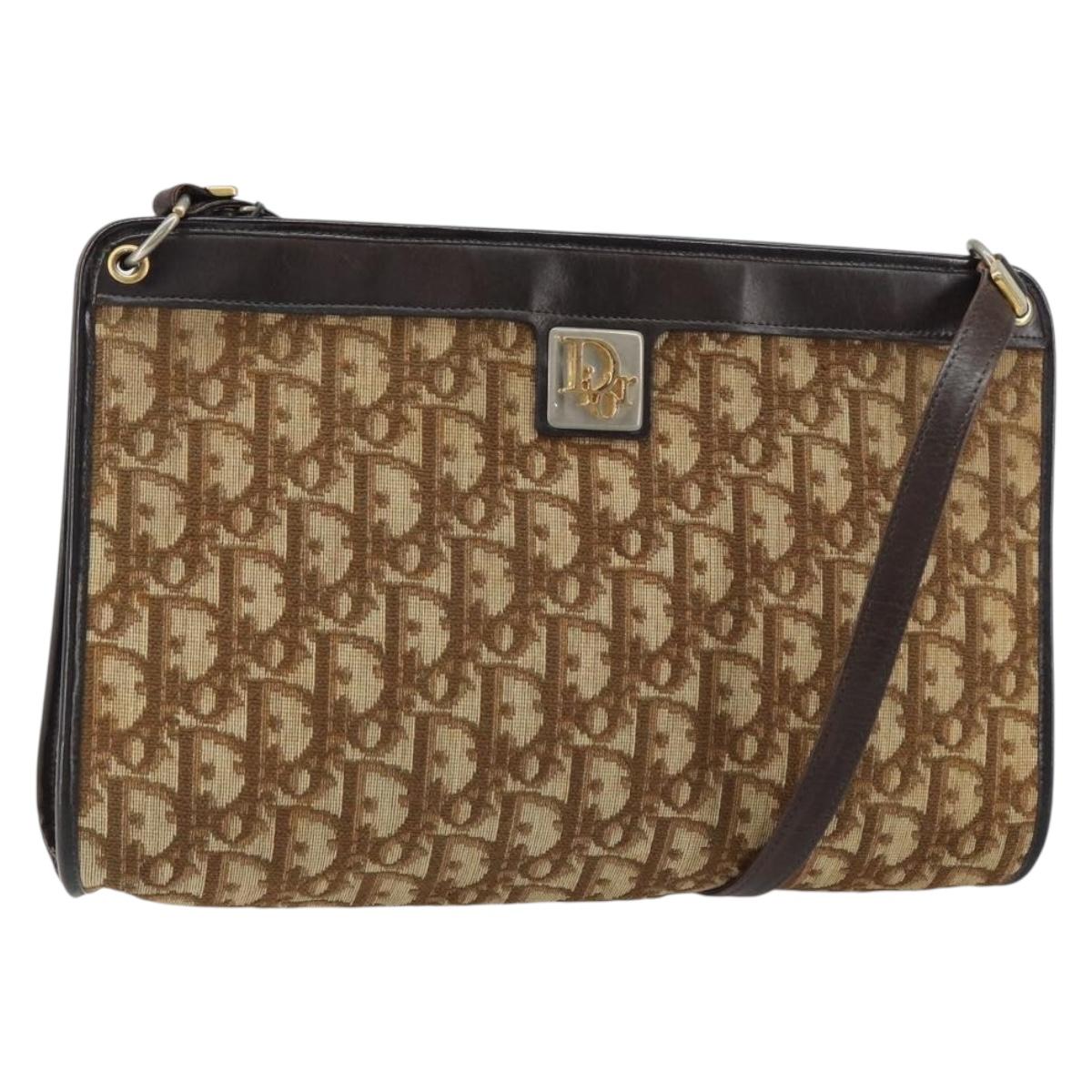 Christian Dior Trotter Canvas Shoulder Bag Beige Gold Auth 159028