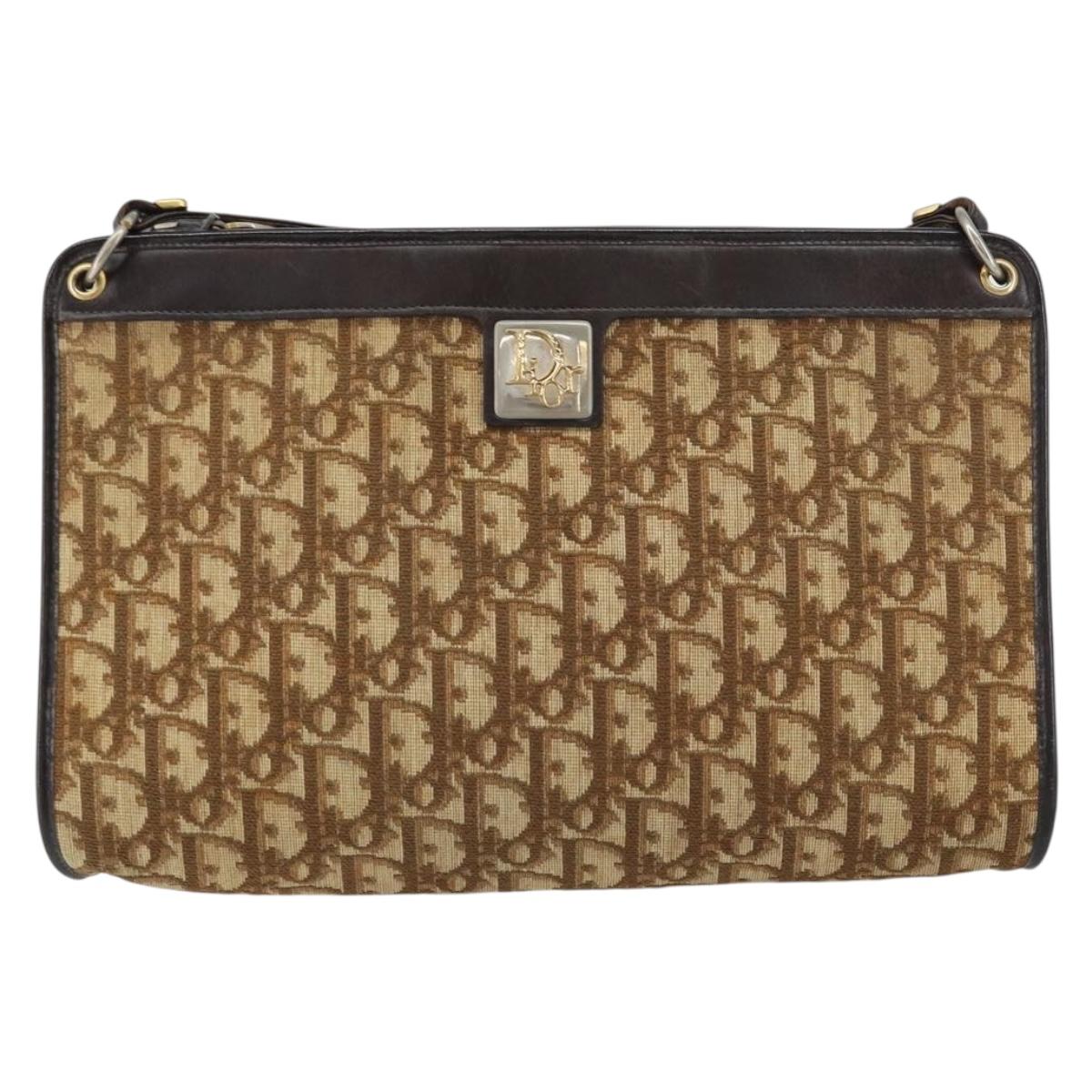 Christian Dior Trotter Canvas Shoulder Bag Beige Gold Auth 159028