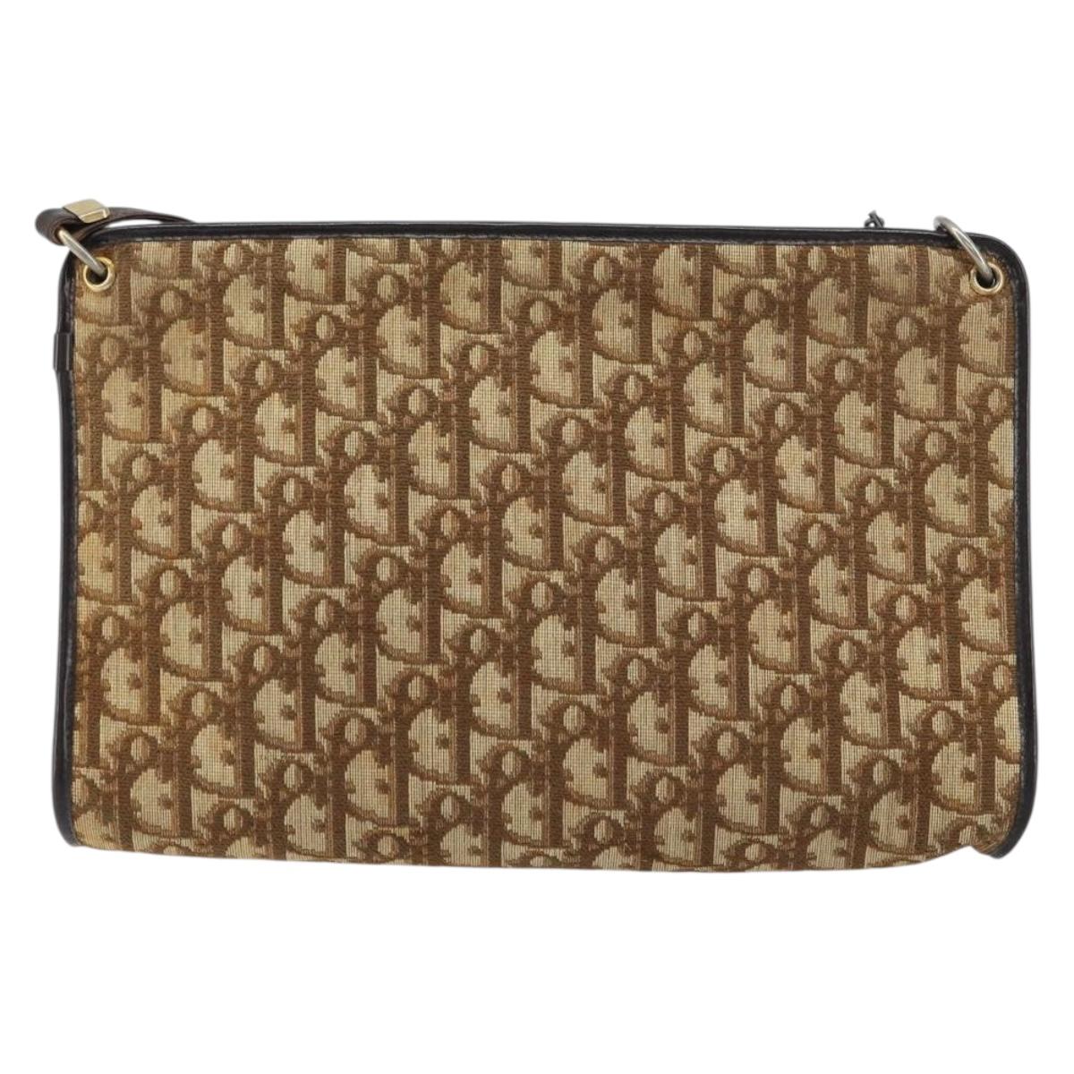 Christian Dior Trotter Canvas Shoulder Bag Beige Gold Auth 159028