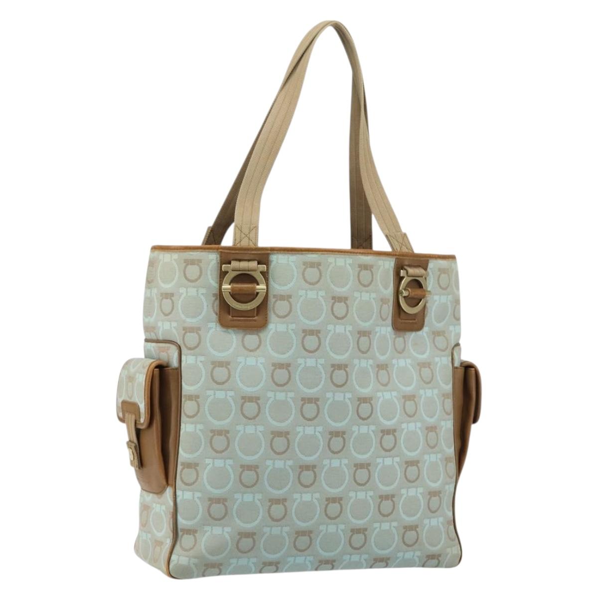 Salvatore Ferragamo Gancini Tote Bag Canvas Light Blue Gold Auth 159039