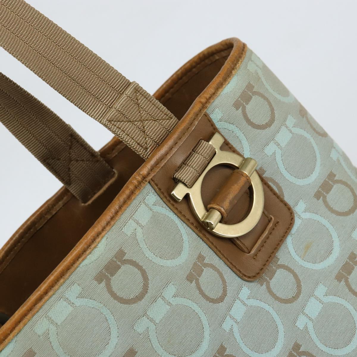 Salvatore Ferragamo Gancini Tote Bag Canvas Light Blue Gold Auth 159039