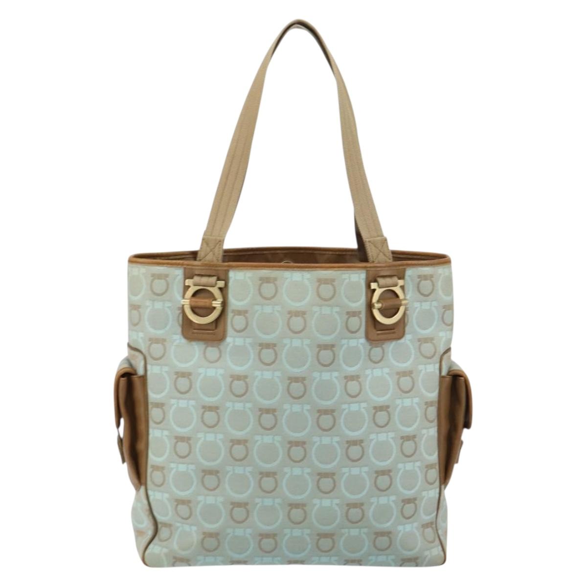 Salvatore Ferragamo Gancini Tote Bag Canvas Light Blue Gold Auth 159039