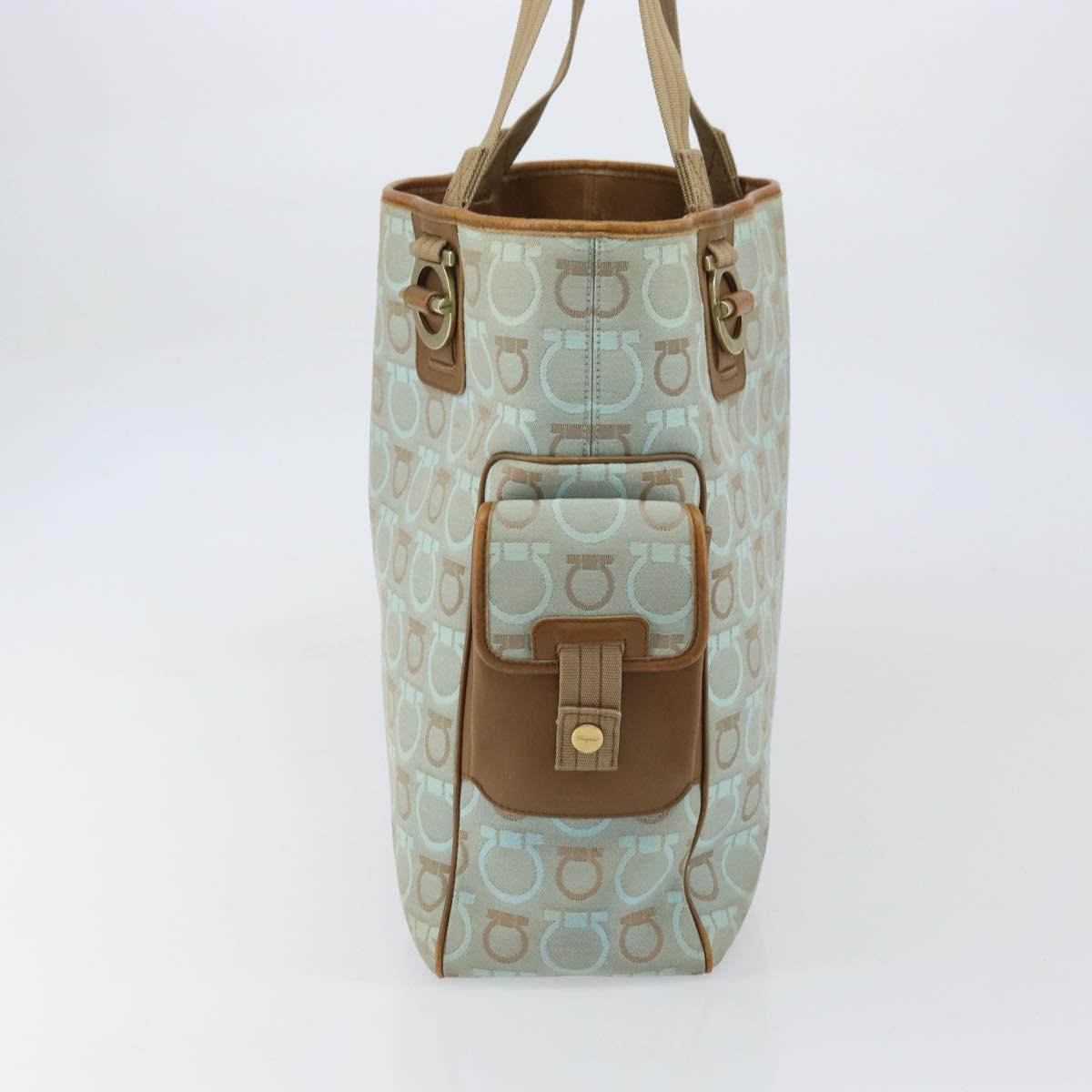 Salvatore Ferragamo Gancini Tote Bag Canvas Light Blue Gold Auth 159039