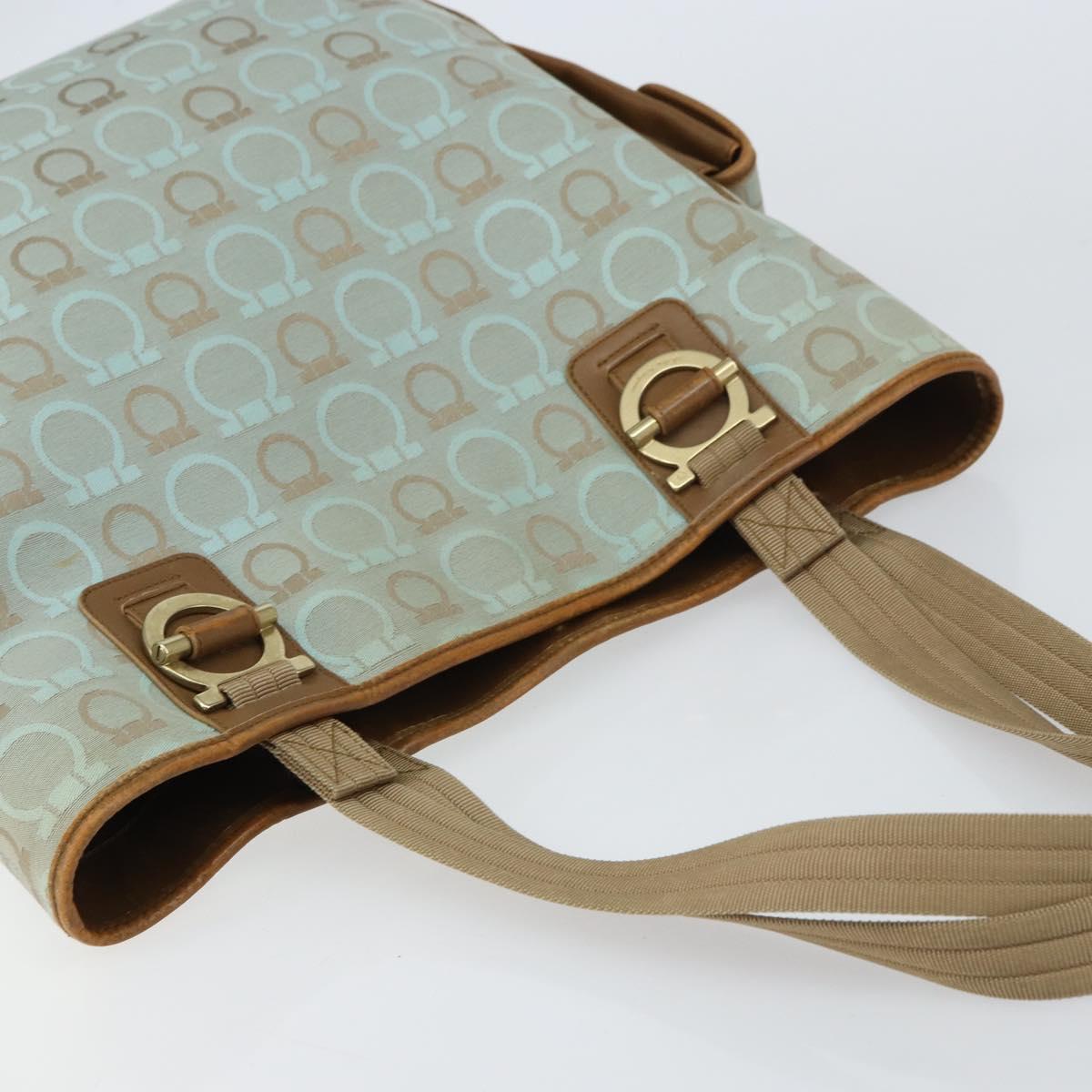 Salvatore Ferragamo Gancini Tote Bag Canvas Light Blue Gold Auth 159039