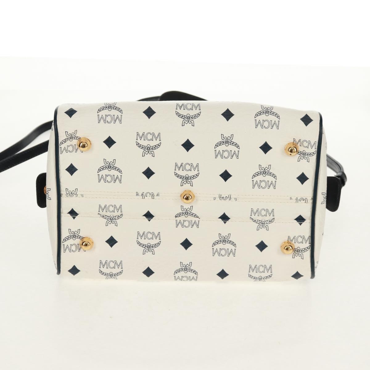 MCM Logogram Vicetos Boston Bag PVC Leather 2way White Gold Auth 159053