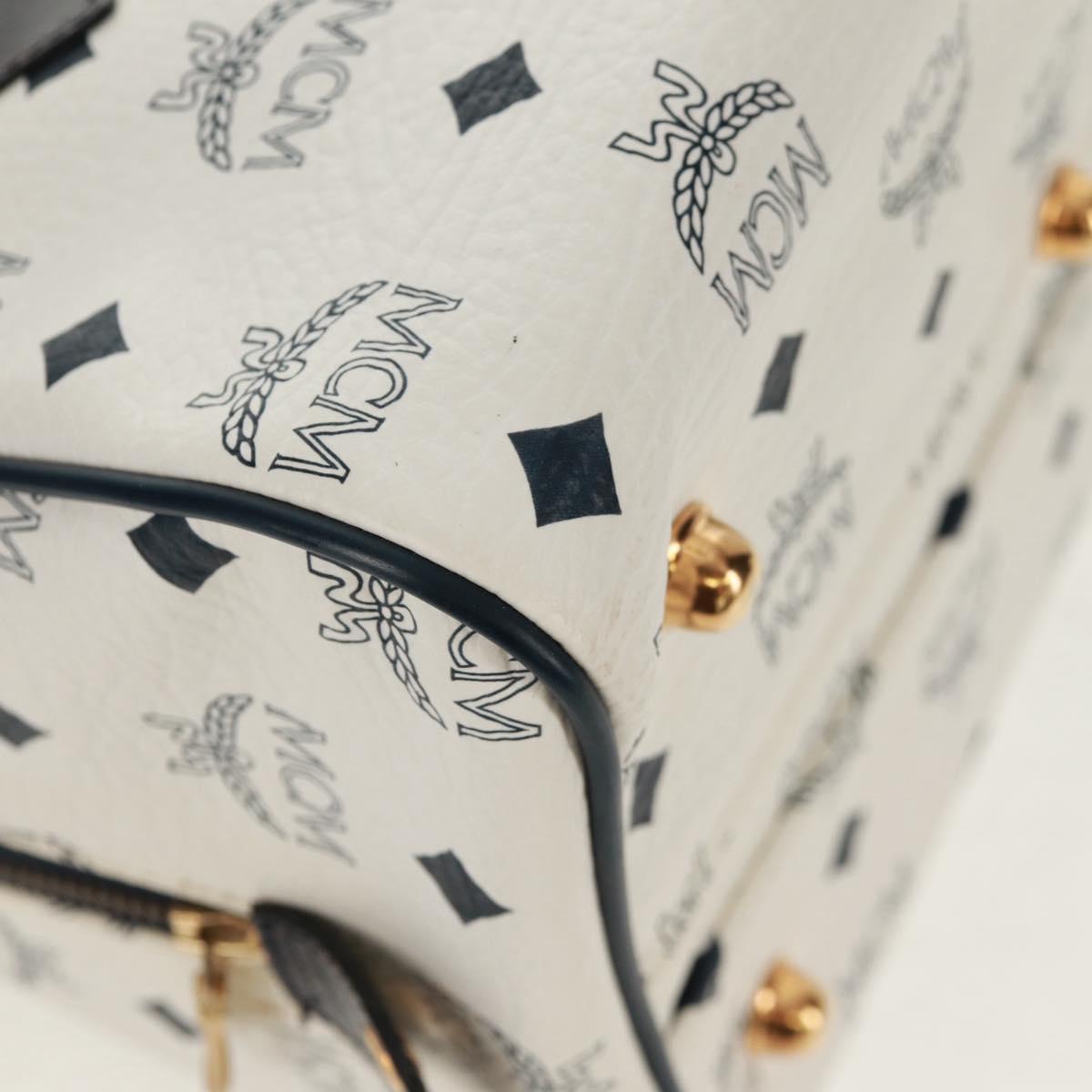 MCM Logogram Vicetos Boston Bag PVC Leather 2way White Gold Auth 159053
