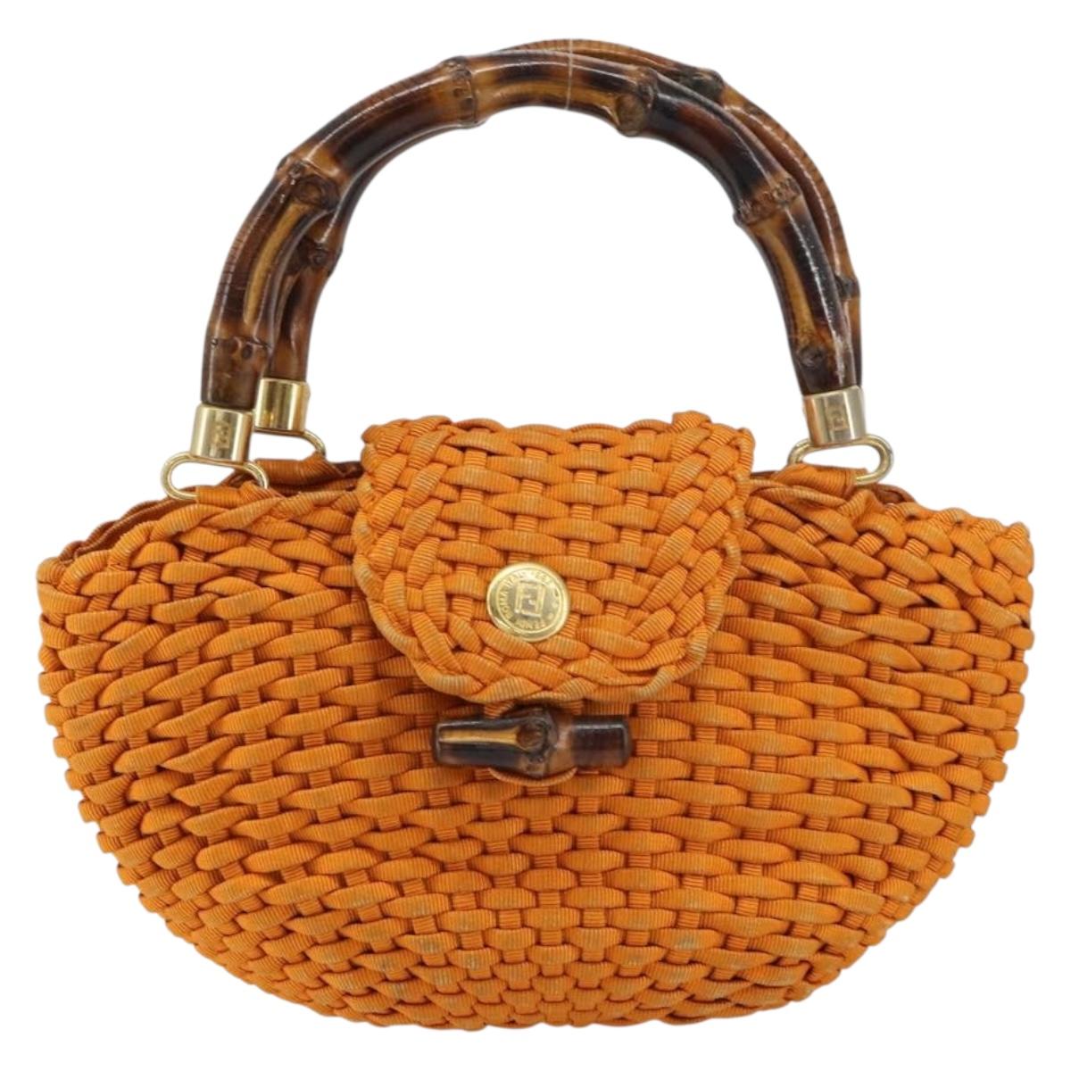 FENDI Bamboo Hand Bag Nylon Orange Gold Auth 159087