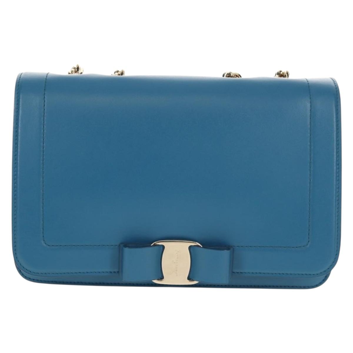 Salvatore Ferragamo Vala Chain Vala Shoulder Bag Leather Blue Gold Auth 159137V