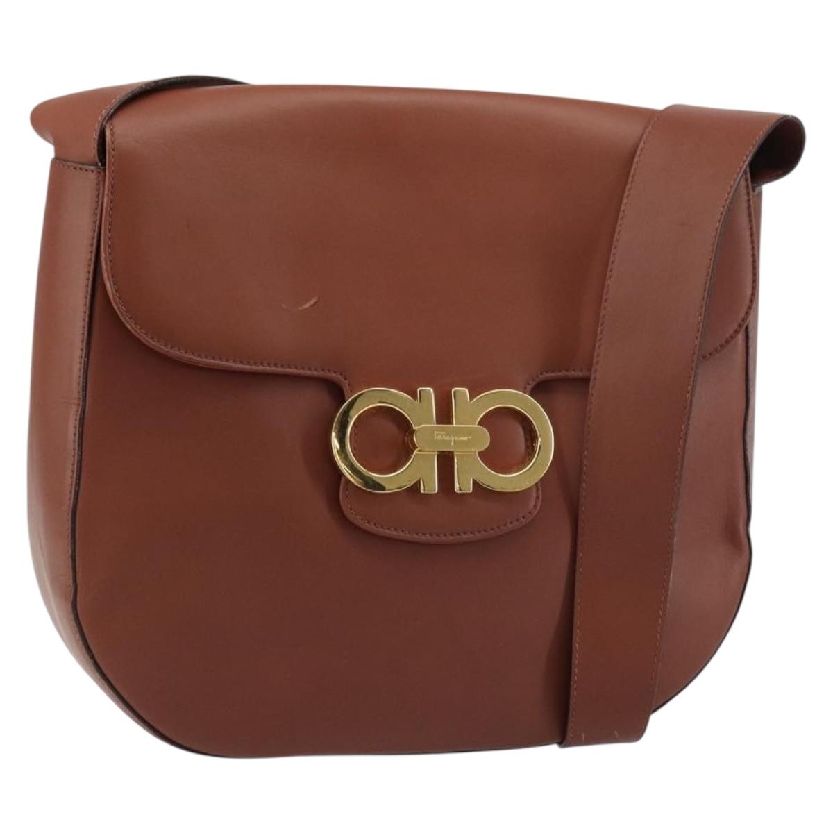 Salvatore Ferragamo Gancini Shoulder Bag Leather Brown Gold Auth 159139
