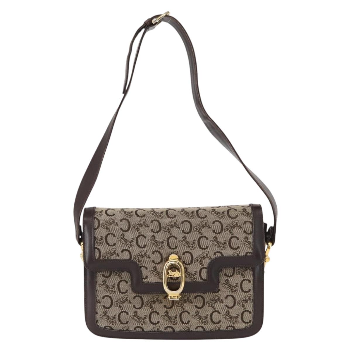 CELINE C Sulky Horse Carriage Shoulder Bag Canvas Beige Gold Auth 159163