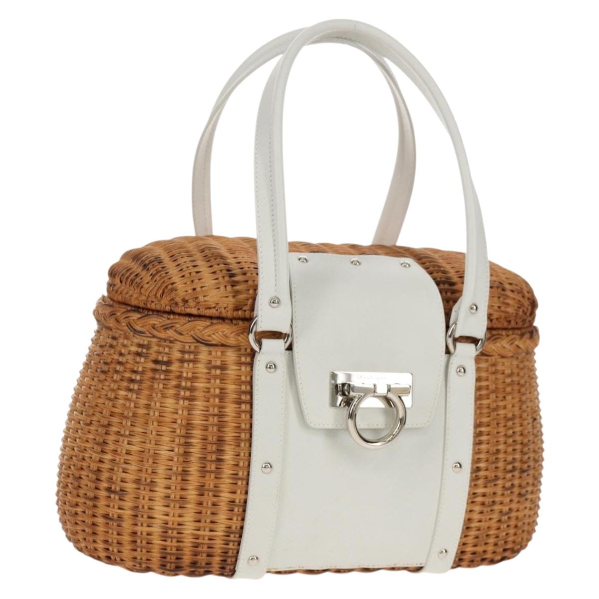 Salvatore Ferragamo Gancini Hand Bag Rattan Beige Silver Auth 159168V