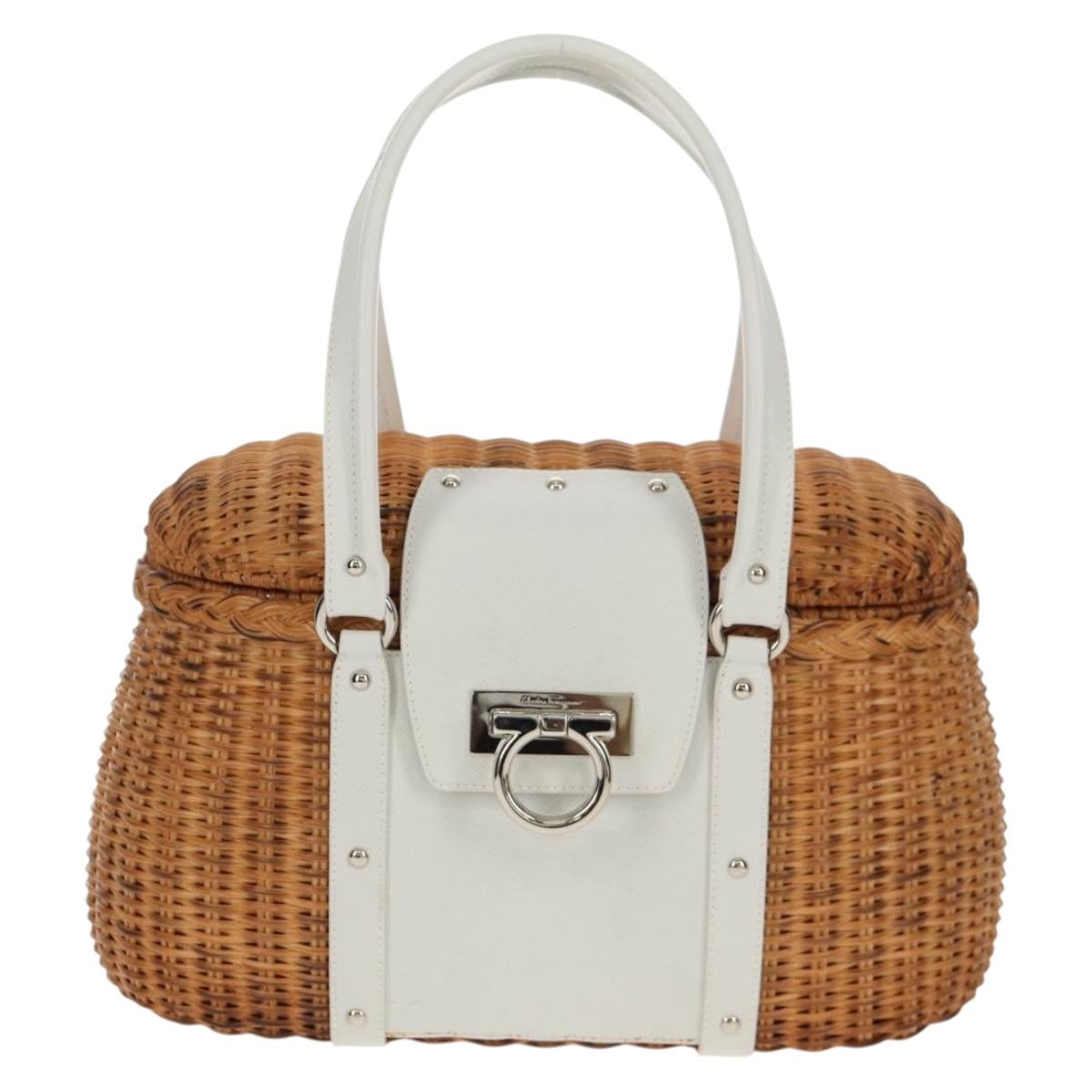 Salvatore Ferragamo Gancini Hand Bag Rattan Beige Silver Auth 159168V