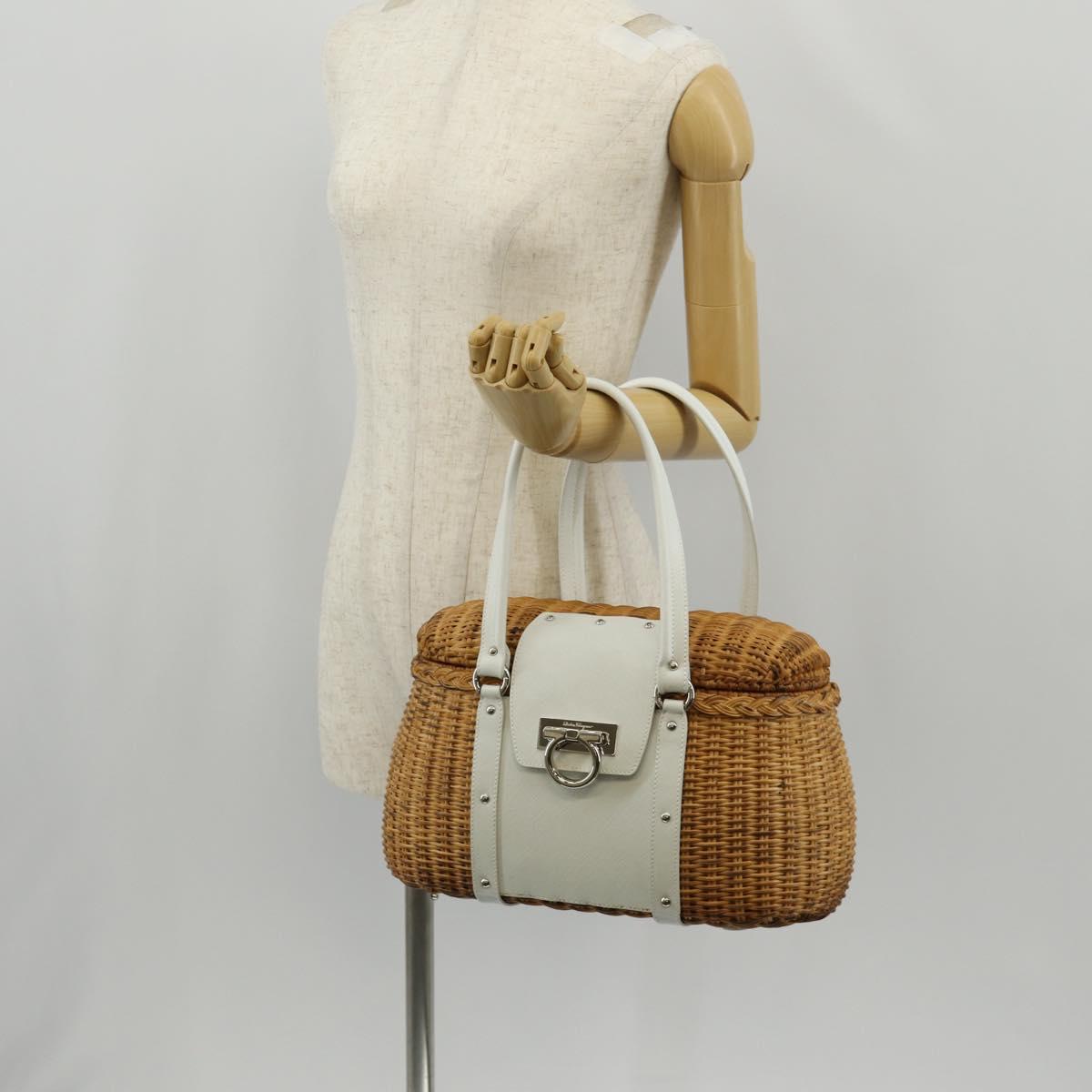 Salvatore Ferragamo Gancini Hand Bag Rattan Beige Silver Auth 159168V