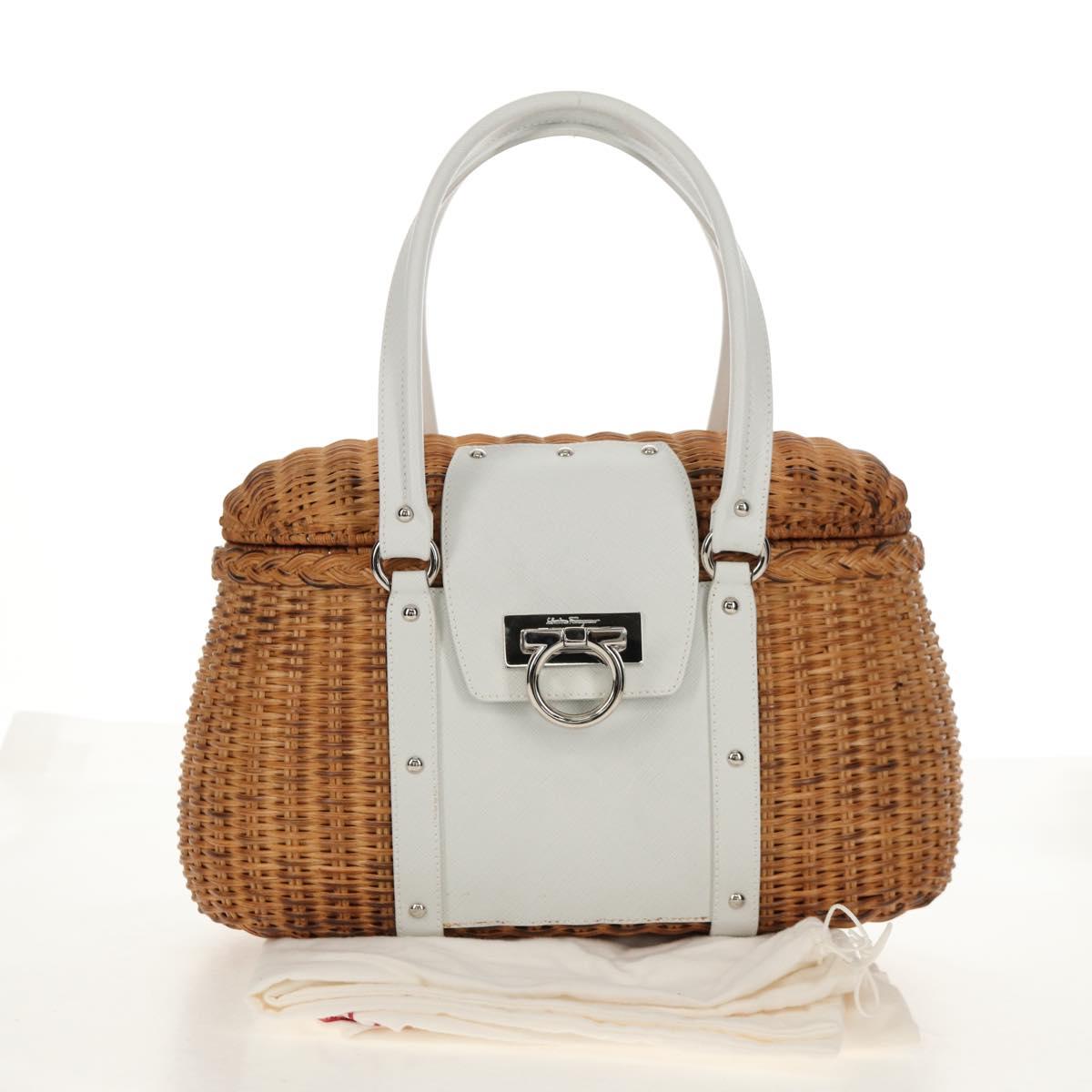 Salvatore Ferragamo Gancini Hand Bag Rattan Beige Silver Auth 159168V