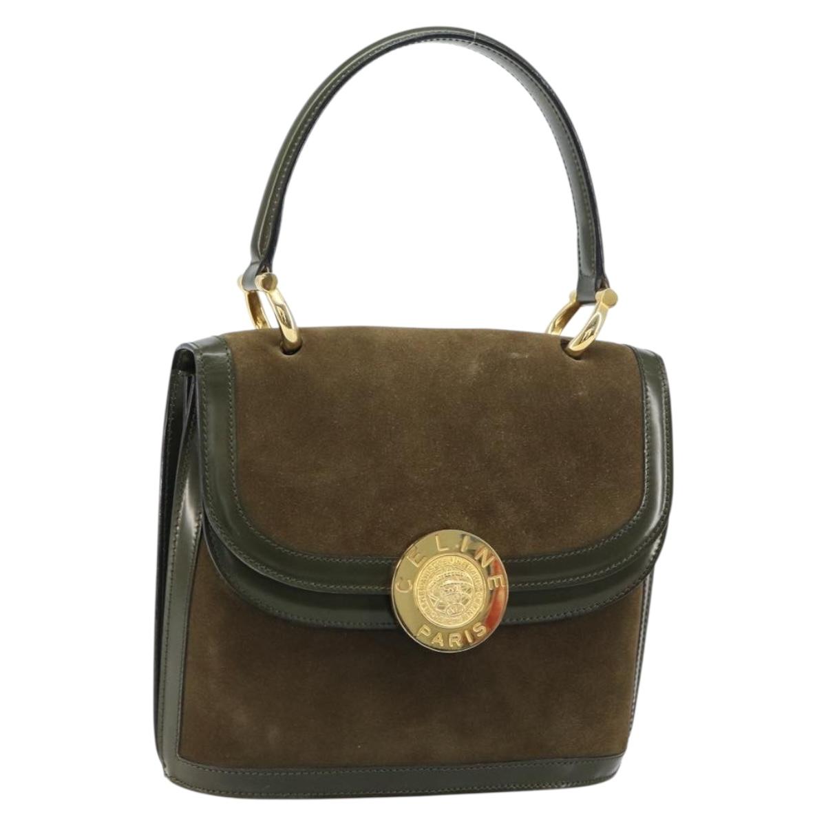 CELINE Hand Bag Suede Khaki Gold Auth 159231