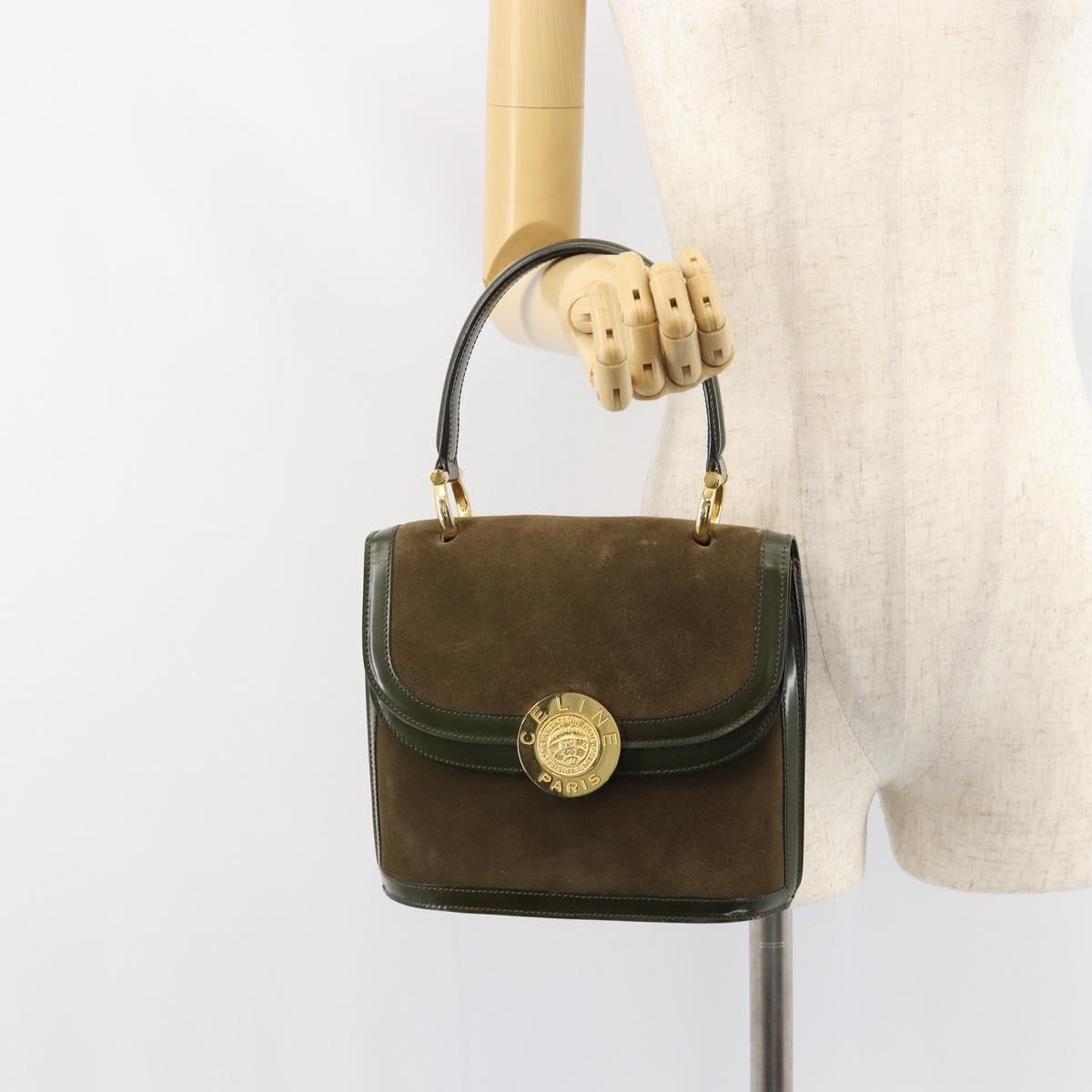 CELINE Hand Bag Suede Khaki Gold Auth 159231