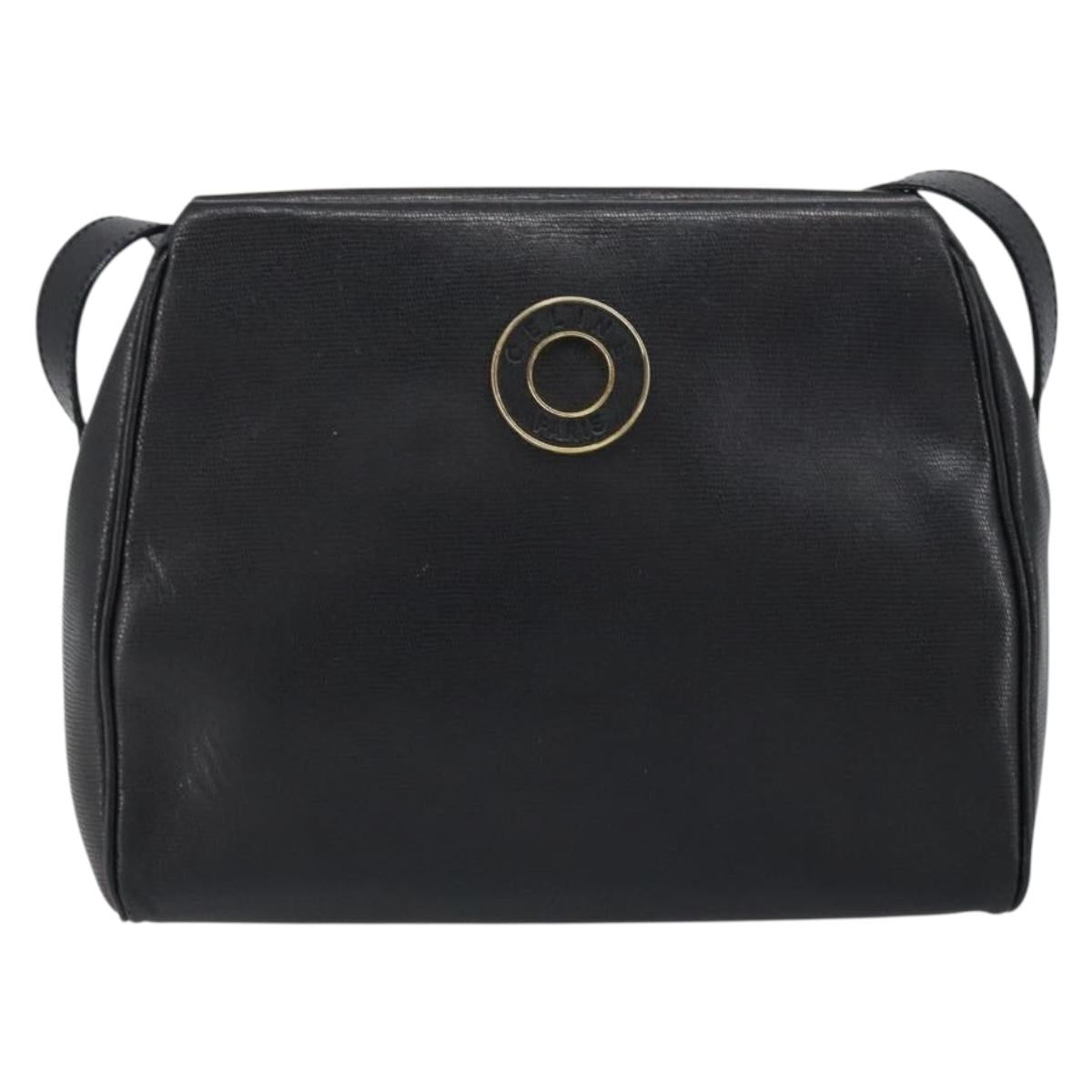 CELINE Circle Shoulder Bag Leather Black Gold Auth 159233