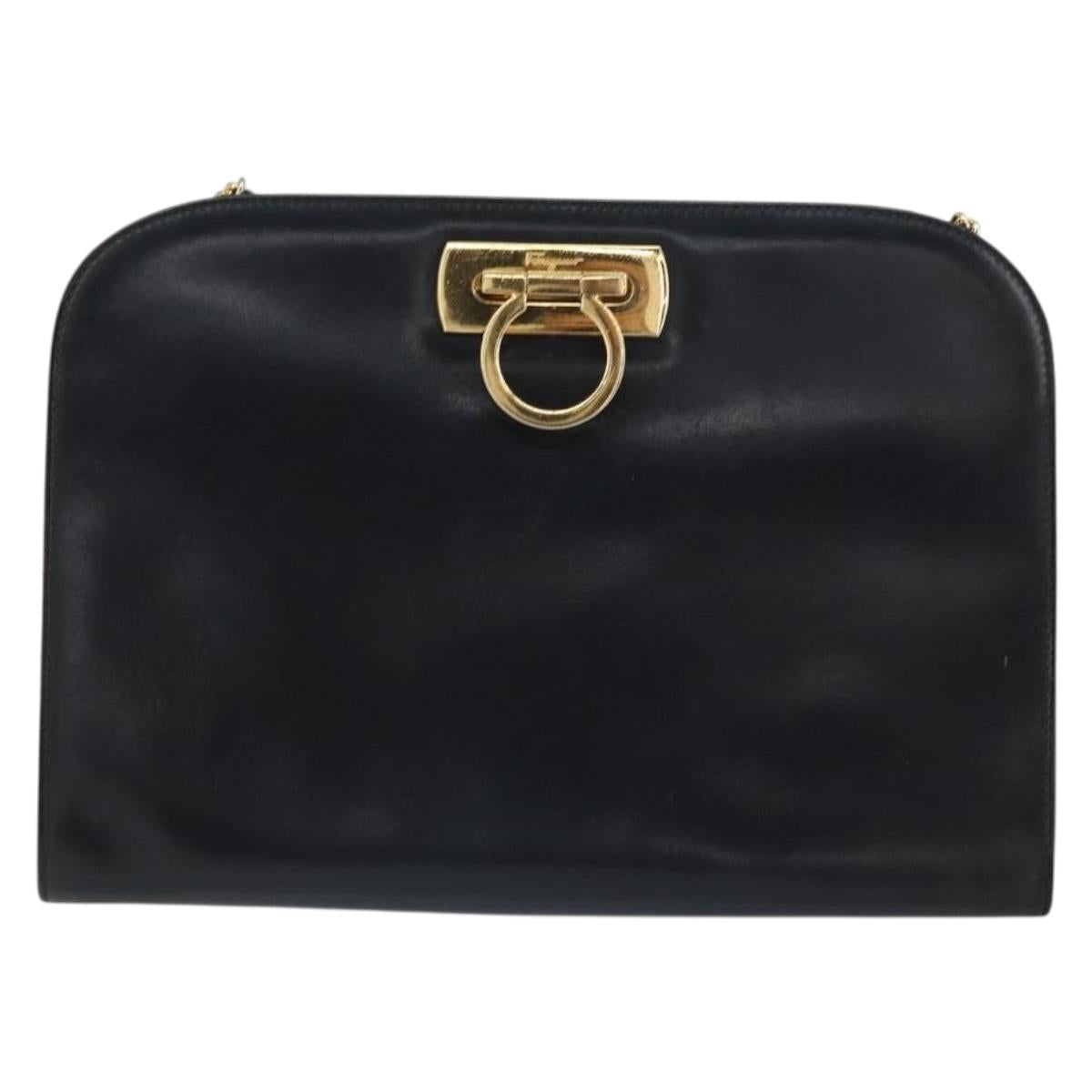 Salvatore Ferragamo Gancini Chain Shoulder Bag Leather Black Gold Auth 159235