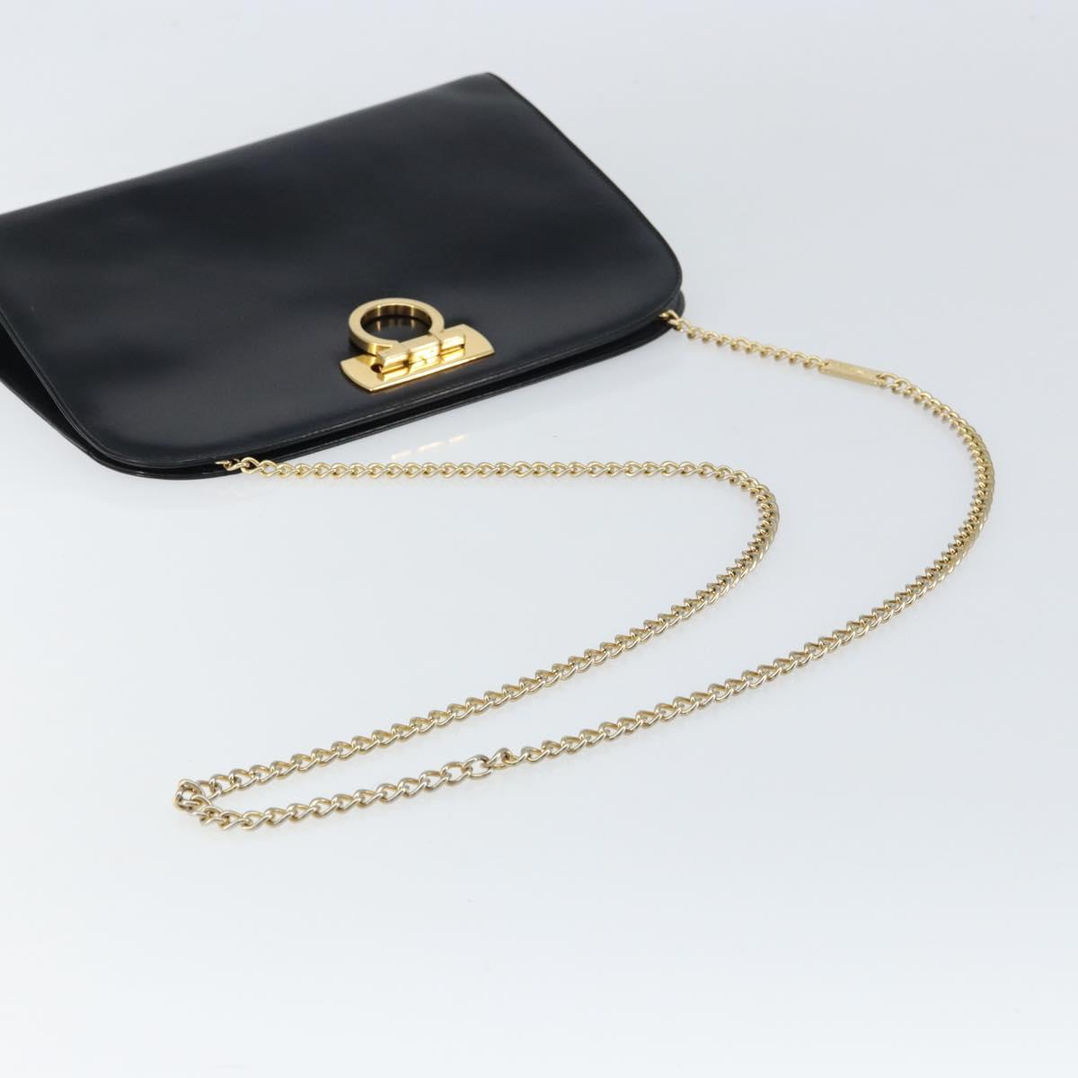 Salvatore Ferragamo Gancini Chain Shoulder Bag Leather Black Gold Auth 159235