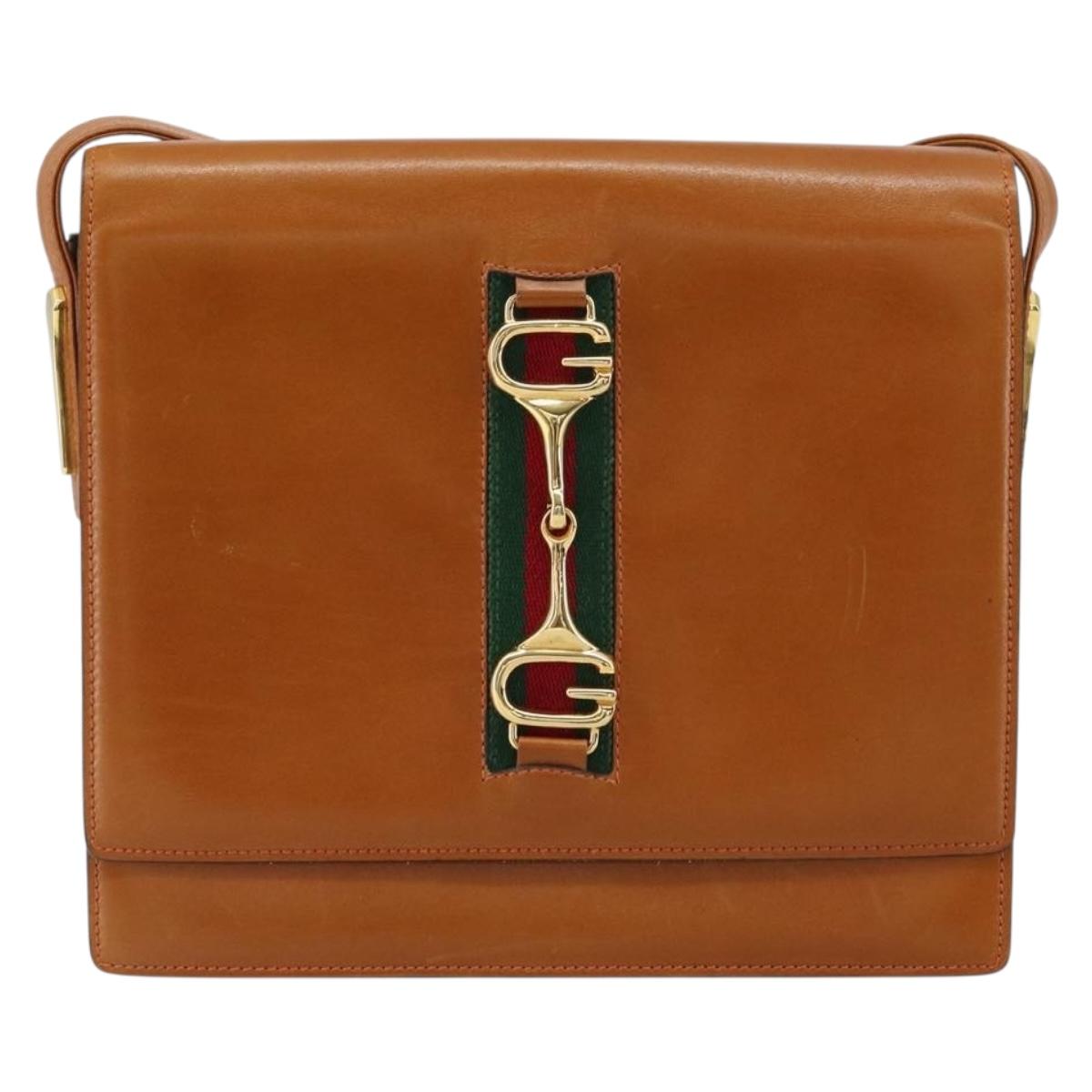 GUCCI Web Sherry Line Horsebit Shoulder Bag Leather Brown Gold Red Auth 159268