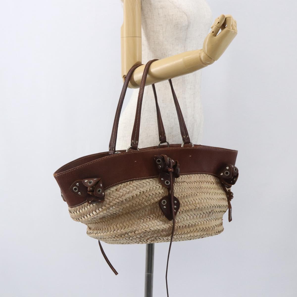 Miu Miu Hand Bag Raffia Beige Silver Auth 159300V