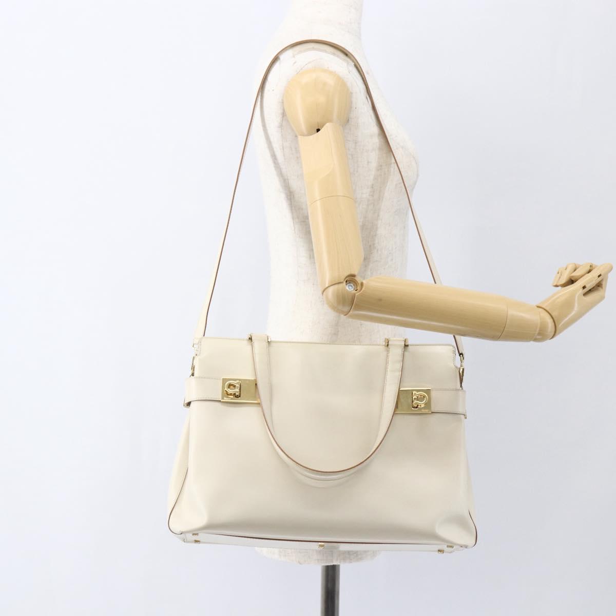 Salvatore Ferragamo Gancini Tote Bag Leather Ivory Gold Auth 159310