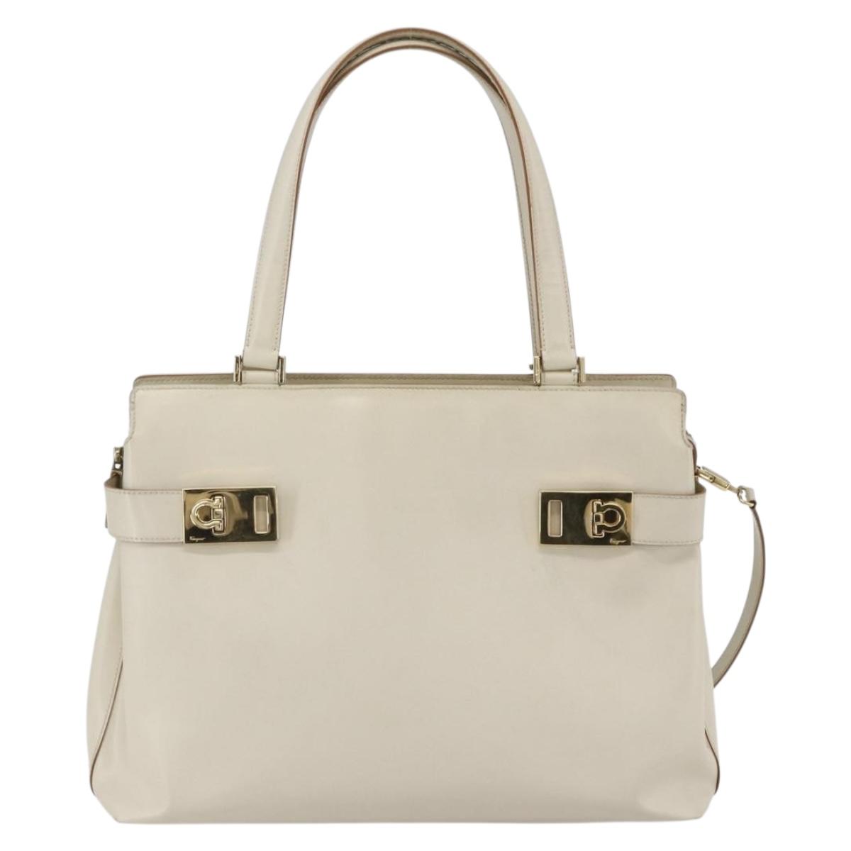 Salvatore Ferragamo Gancini Tote Bag Leather Ivory Gold Auth 159310