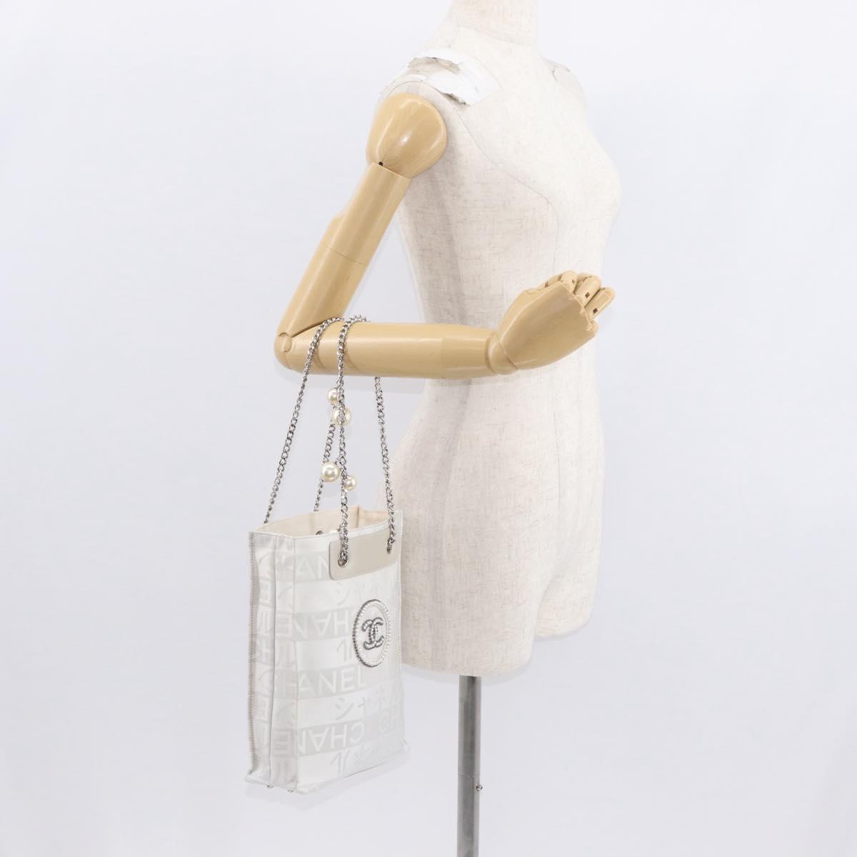 CHANEL Chain Shoulder Bag Nylon White Silver CC Auth 159317SAM