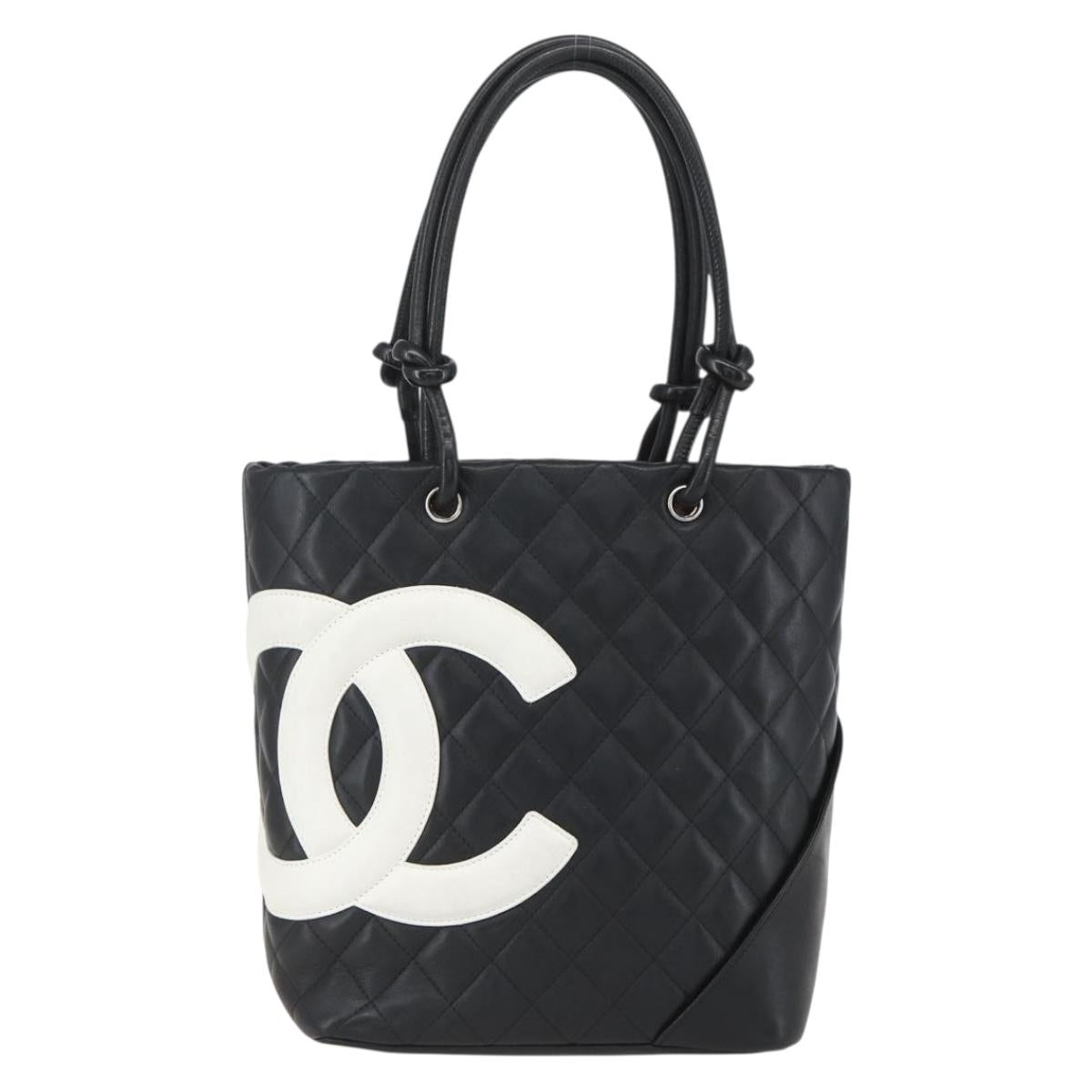 CHANEL Cambon Line Matelasse Medium Tote Bag Leather Black CC Auth 159319SAM