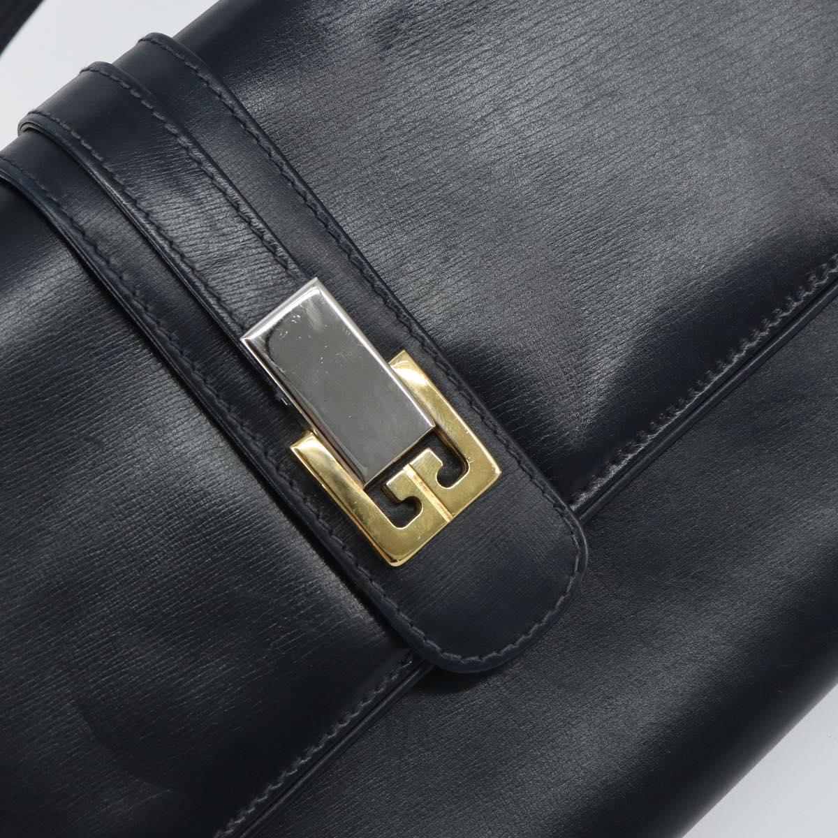 GUCCI Shoulder Bag Leather Navy Gold Auth 159335