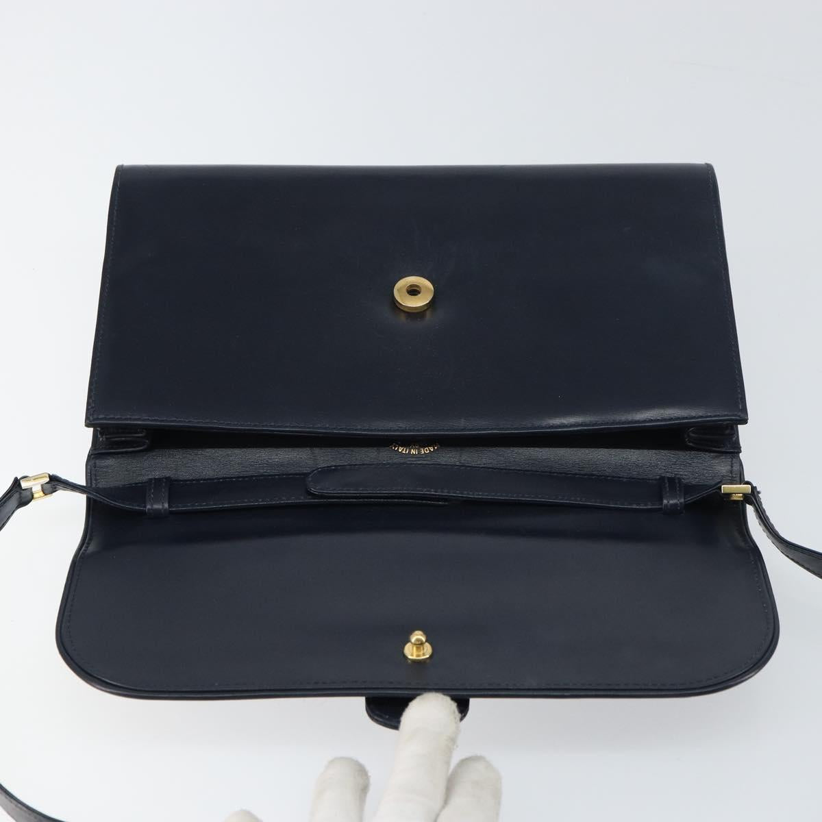 GUCCI Shoulder Bag Leather Navy Gold Auth 159335