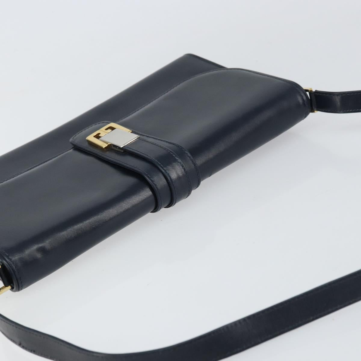GUCCI Shoulder Bag Leather Navy Gold Auth 159335