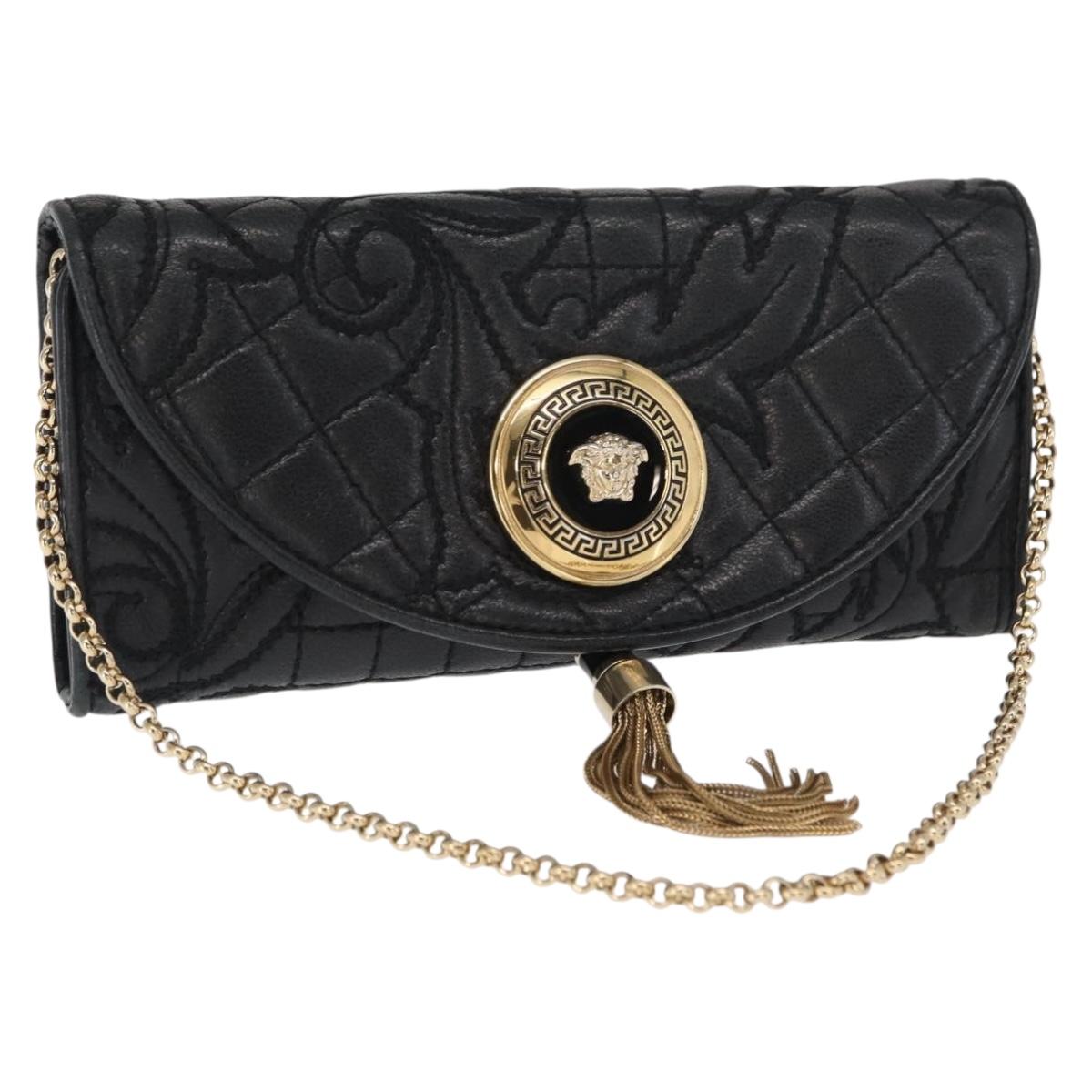Gianni Versace Chain Wallet Leather Black Gold Auth 159344