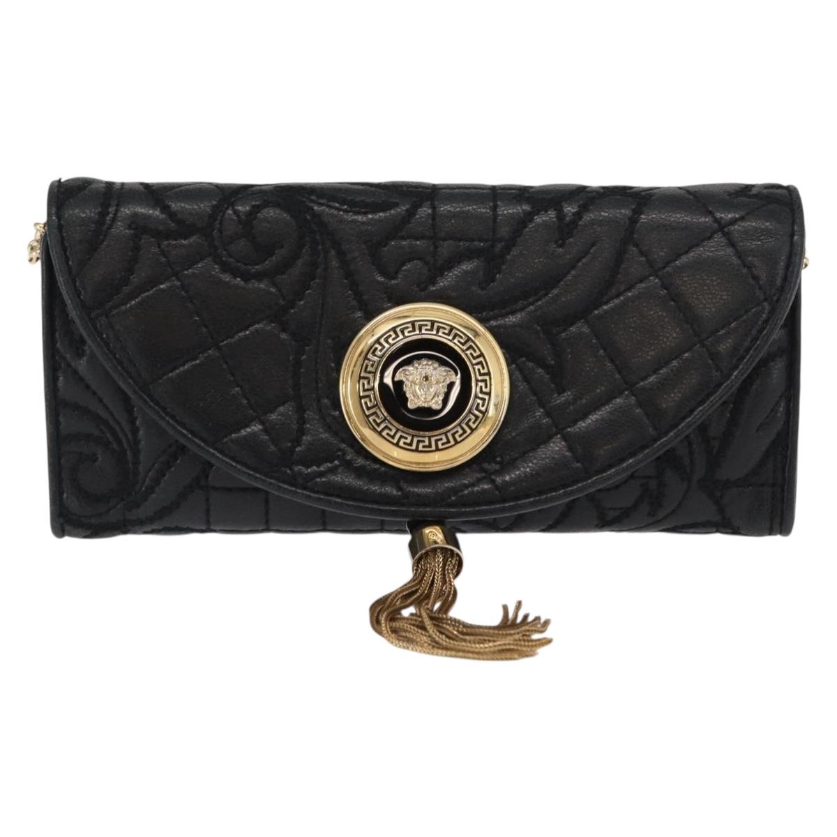 Gianni Versace Chain Wallet Leather Black Gold Auth 159344