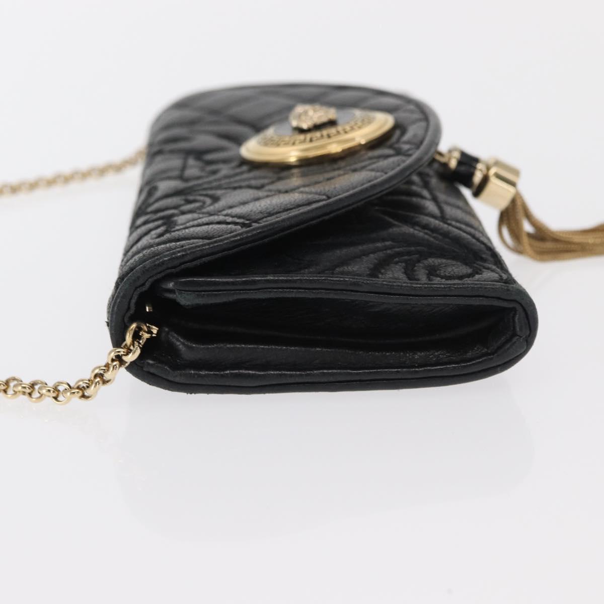 Gianni Versace Chain Wallet Leather Black Gold Auth 159344