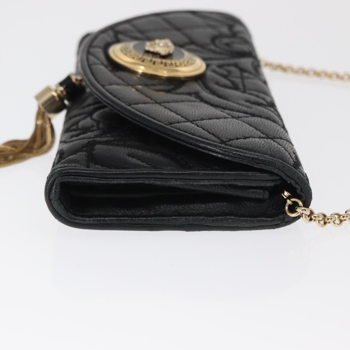 Gianni Versace Chain Wallet Leather Black Gold Auth 159344