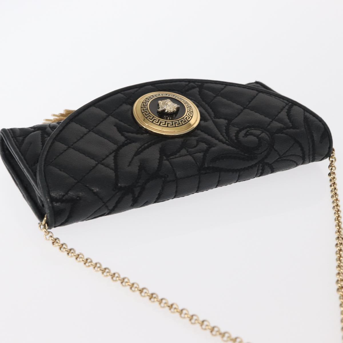 Gianni Versace Chain Wallet Leather Black Gold Auth 159344