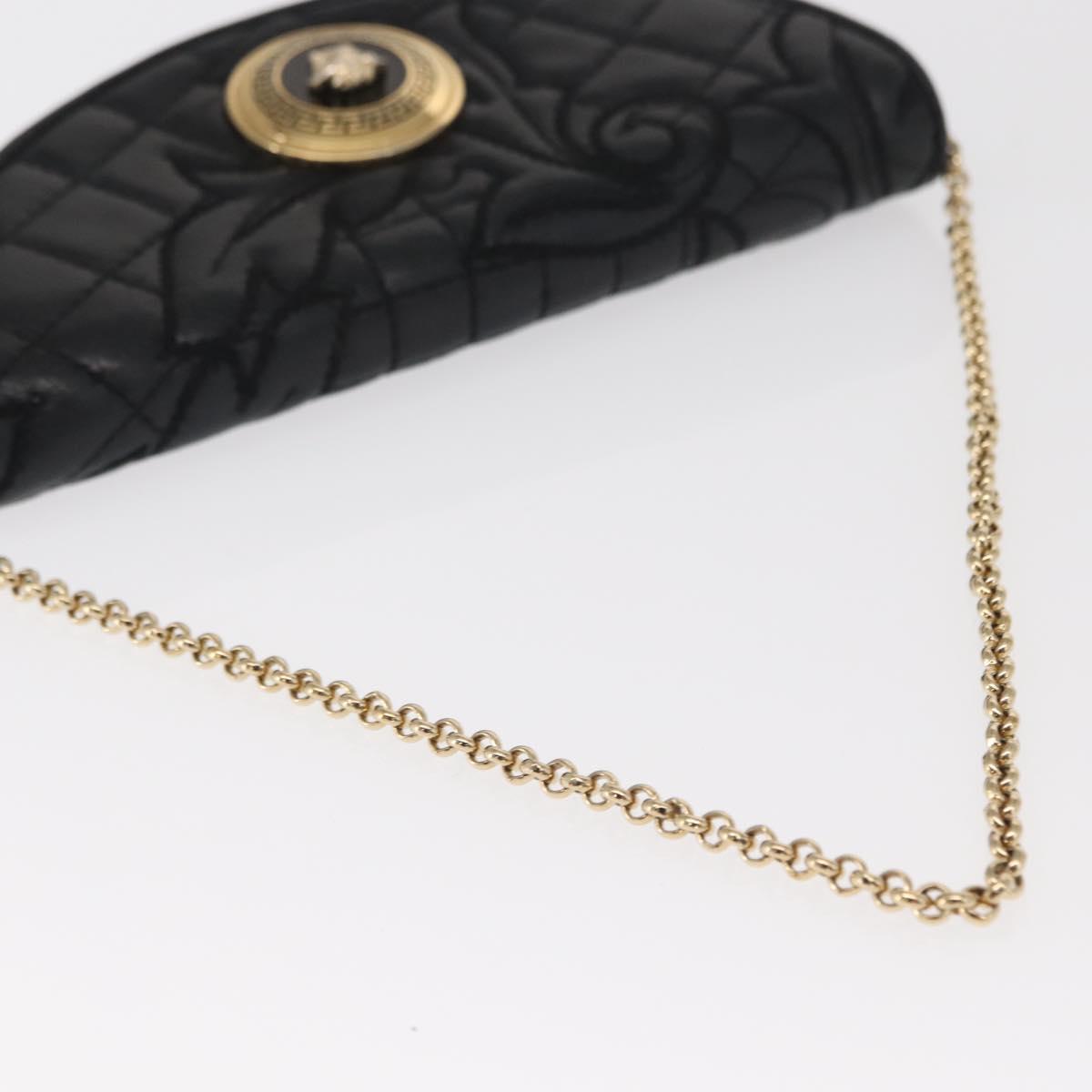 Gianni Versace Chain Wallet Leather Black Gold Auth 159344