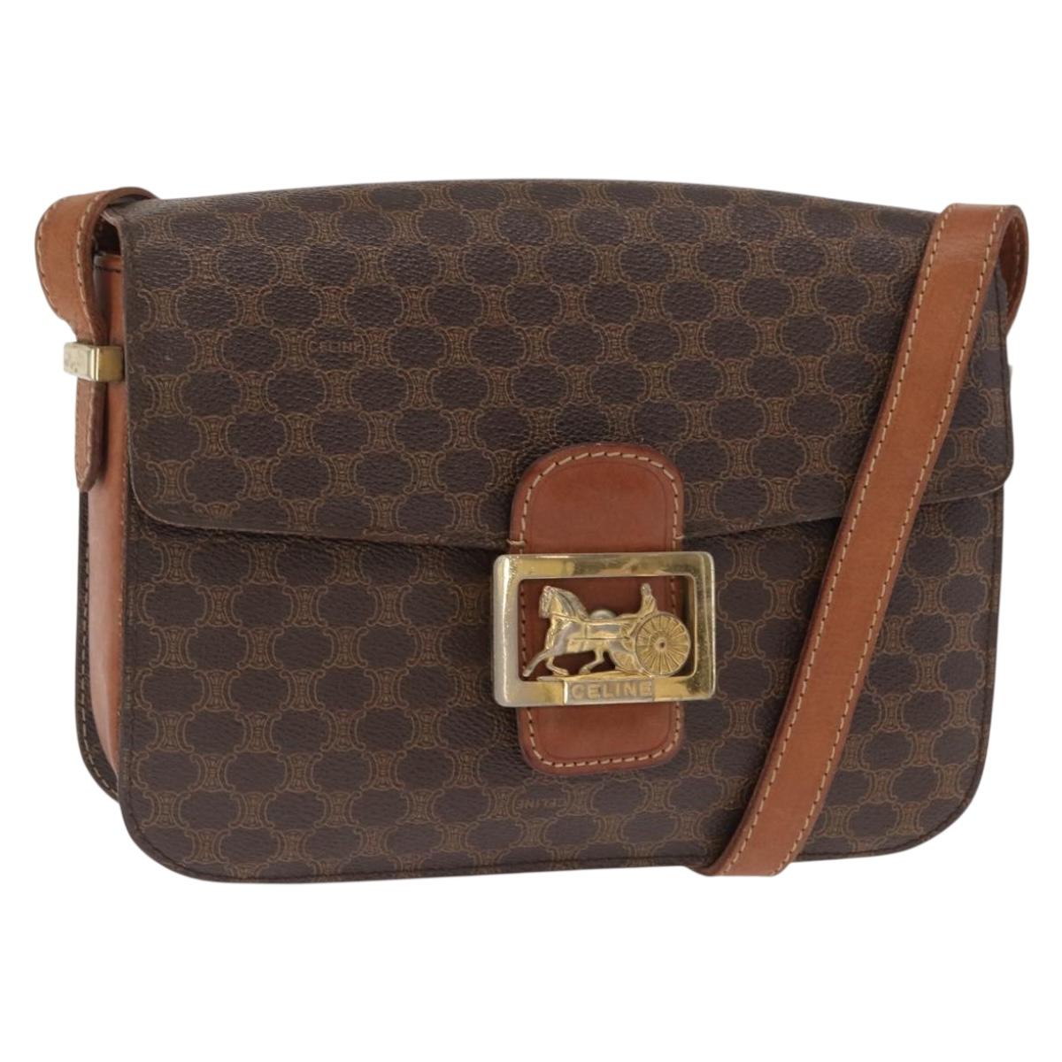 CELINE Macadam Canvas Horse Carriage Bag PVC Leather Brown Gold Auth 159345