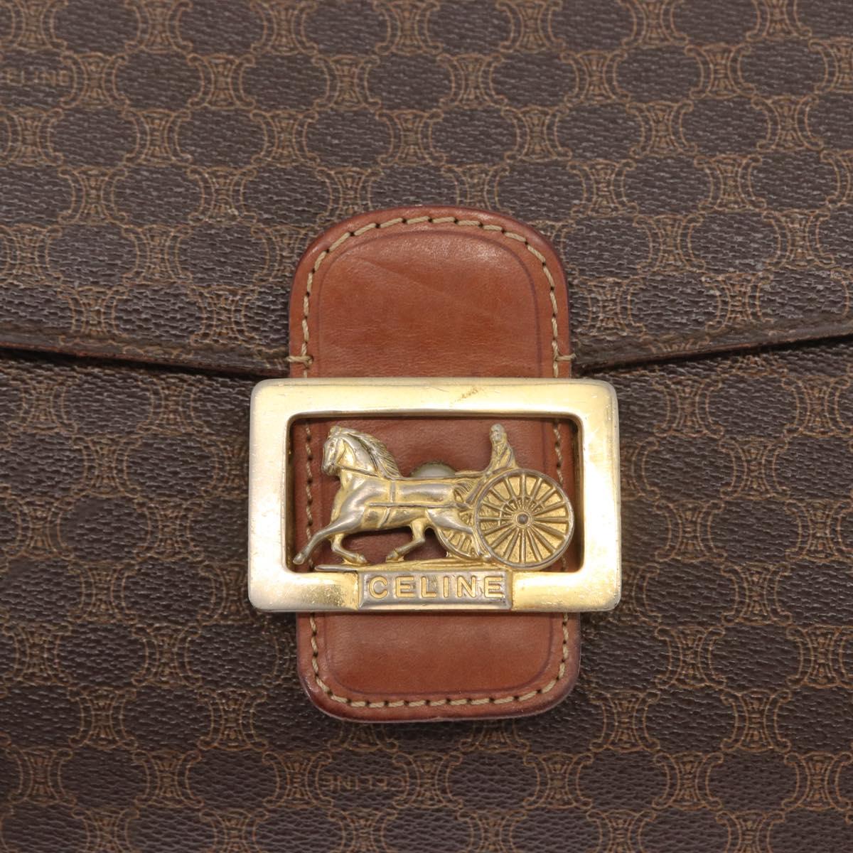 CELINE Macadam Canvas Horse Carriage Bag PVC Leather Brown Gold Auth 159345