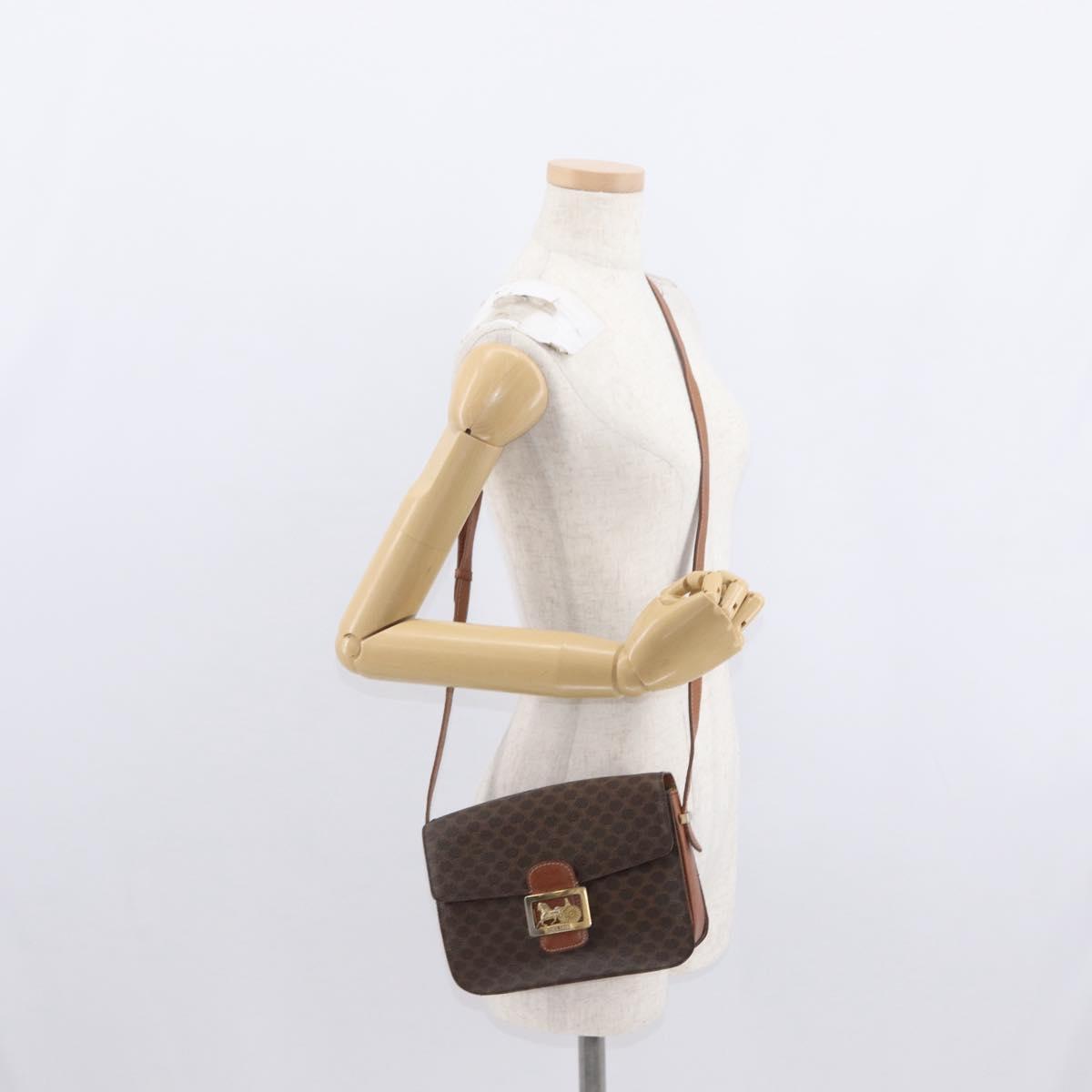 CELINE Macadam Canvas Horse Carriage Bag PVC Leather Brown Gold Auth 159345